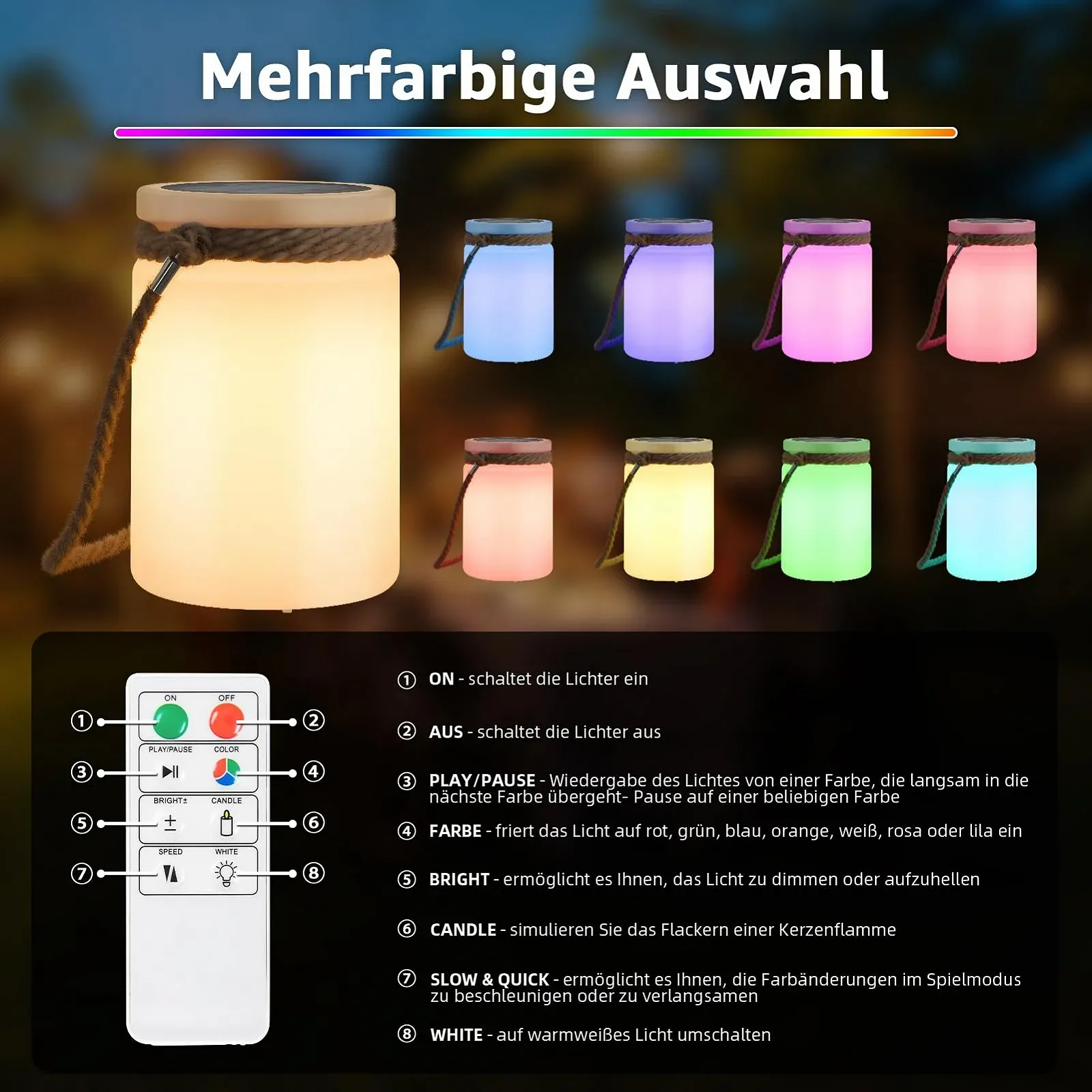 Настільна лампа Сонячна Вулична Бездротова 2-в-1 LED 8 кольорів IP44 Набір з 2 шт., фото №3