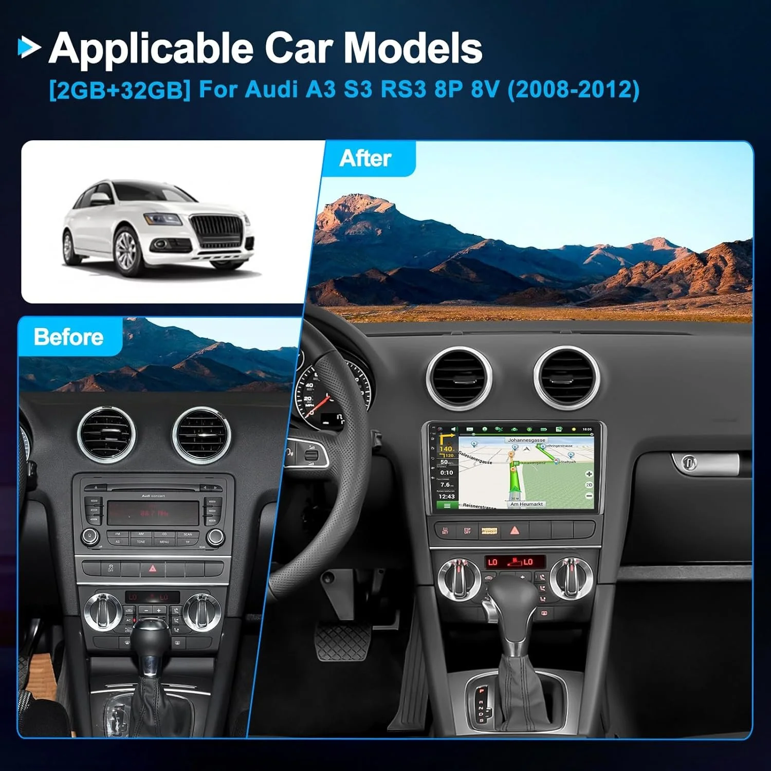 Штатна автомагнітола SIXWIN для Audi A3 S3 RS3 8P / 9" / Сенсорна / 2/64Гб / Android 13 / Apple CarPlay / Android Auto / Bluetooth / WI-FI / GPS / USB, фото №3 Штатна автомагнітола SIXWIN для Audi A3 S3 RS3 8P / 9" / Сенсорна / 2/64Гб / Android 13 / Apple CarPlay / Android Auto / Bluetooth / WI-FI / GPS / USB, фото №3