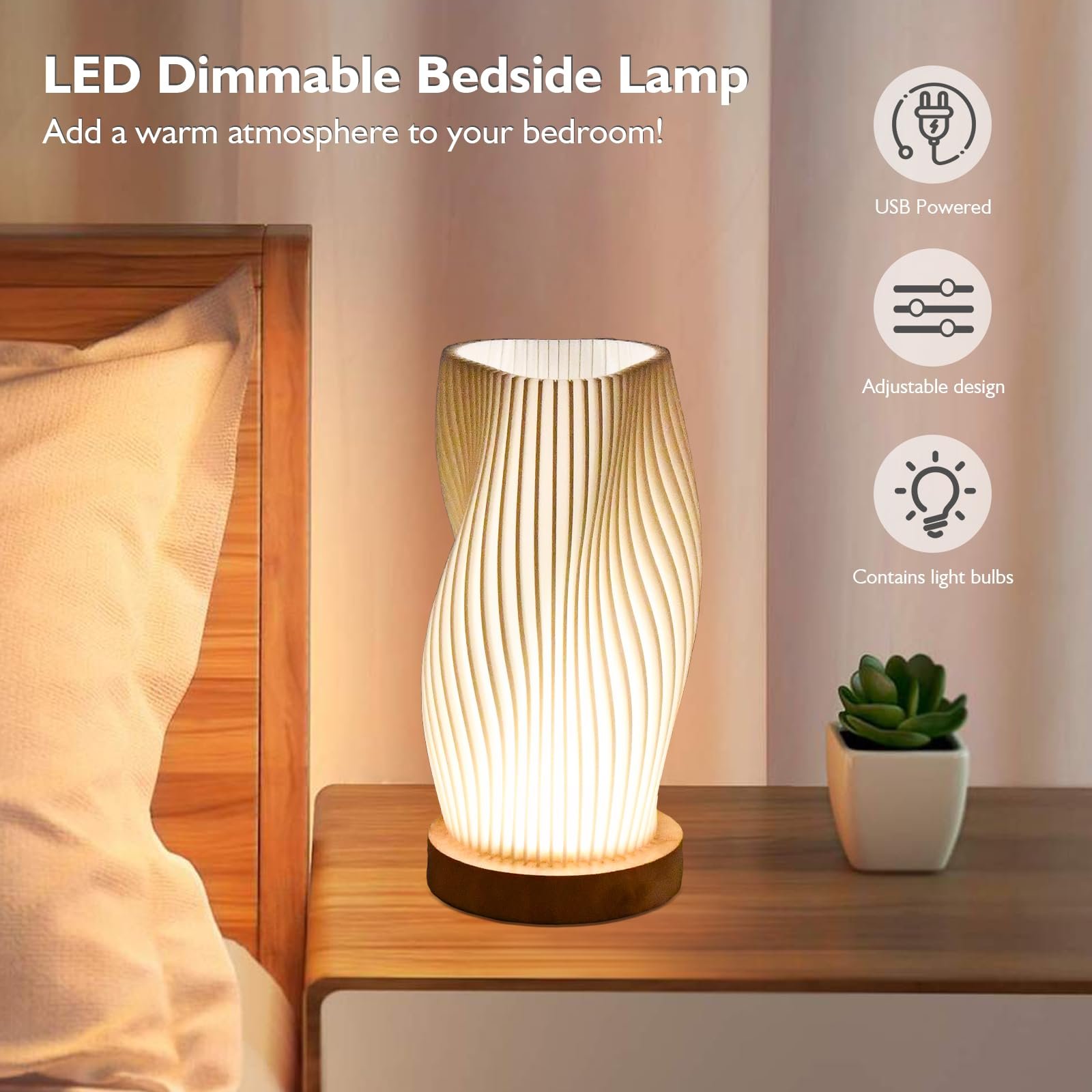 Настільна лампа з дерев'яною основою та плафоном PLA 9 рівнів яскравості USB 21x11 см, фото №4