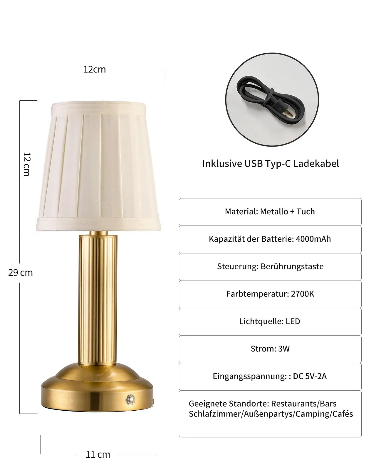 Настільна лампа LED Wireless 4000 мАг Димер Тканинний абажур Сенсорна Золота (2 шт), фото №5