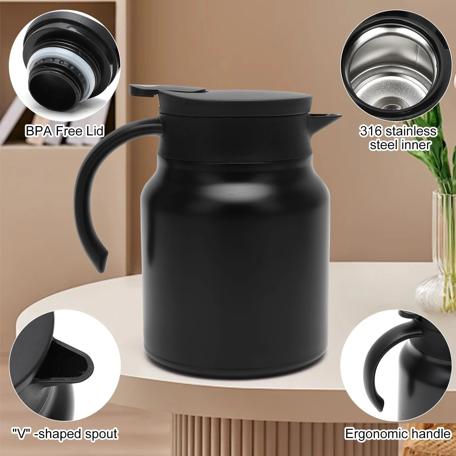 Кавник термічний, 1000 мл, Нержавіюча сталь, Чорний, фото №2