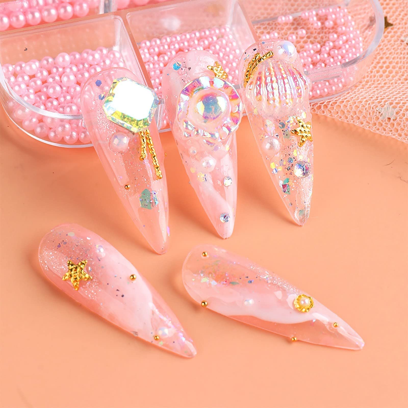 Набір намистин для нігтів Білі стрази Напівкруглі Білі Бежеві перлини DIY EXb144, фото №7