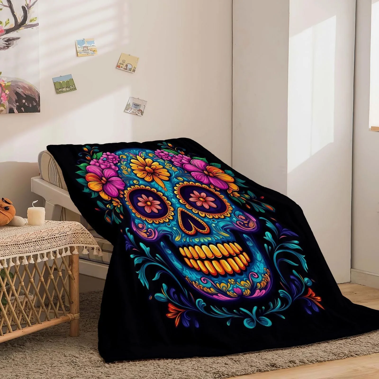 Одеяло Флисовое Простое Цветочное Череп Плотное и Теплое Фланелевое Одеяло Мягкое Пушистое Плюшевое для Всех Сезонов Сине-Оранжевое, 180 x 220 см, фото №2
