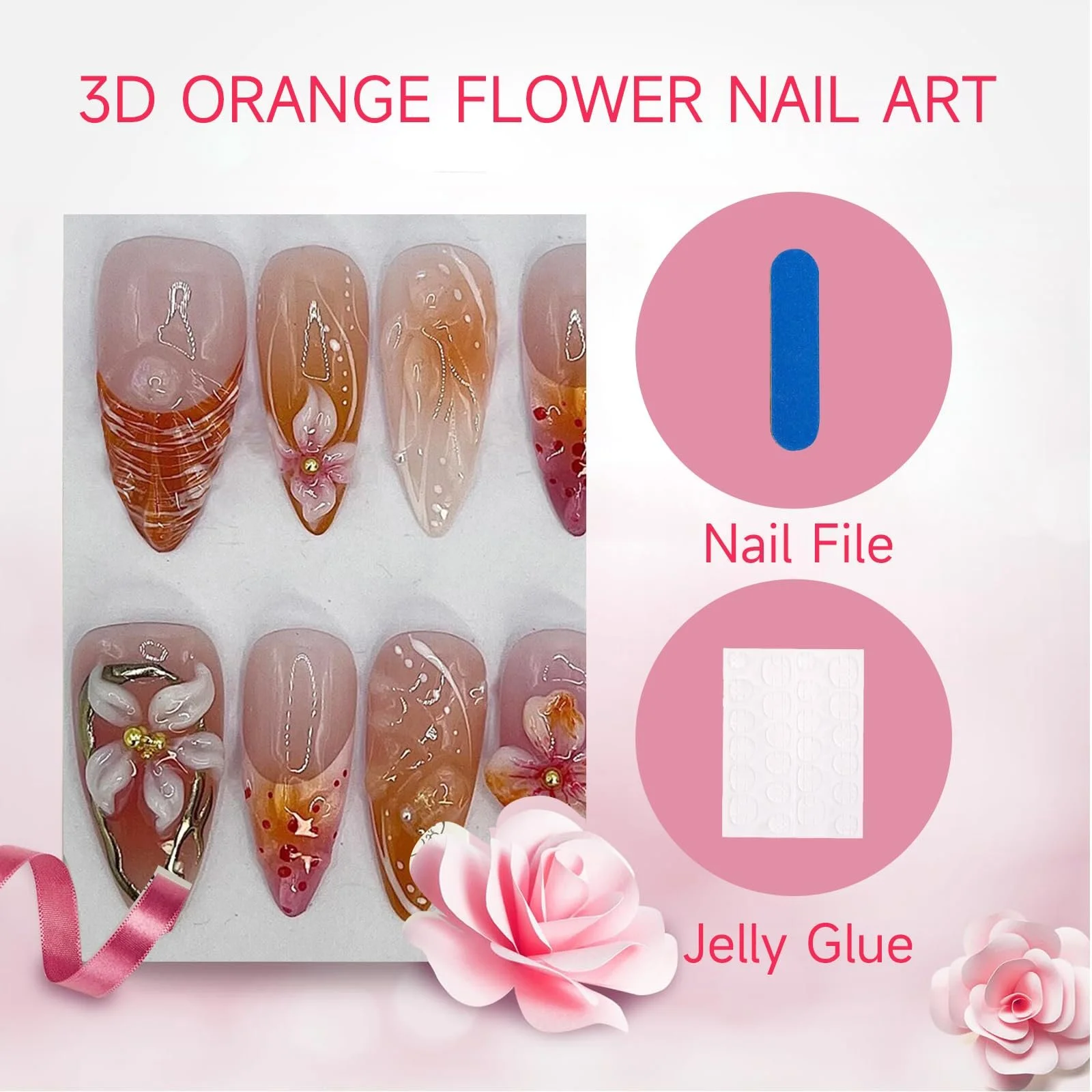 Накладные ногти GlamRays 3D Orange Flowers 30 шт. Medium Almond French Tip Gold Crystal Design, фото №5