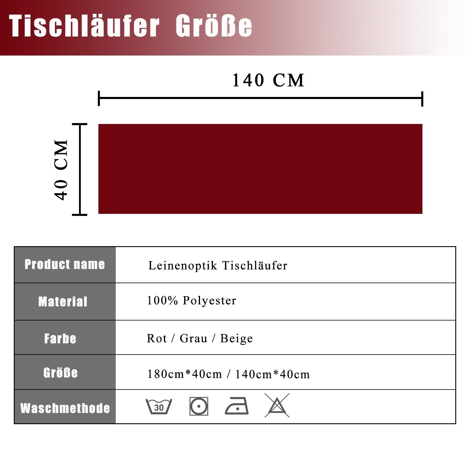 Ранер Linen Look водонепроникна що миється Red 40 x 140 см, фото №5 Ранер Linen Look водонепроникна що миється Red 40 x 140 см, фото №5
