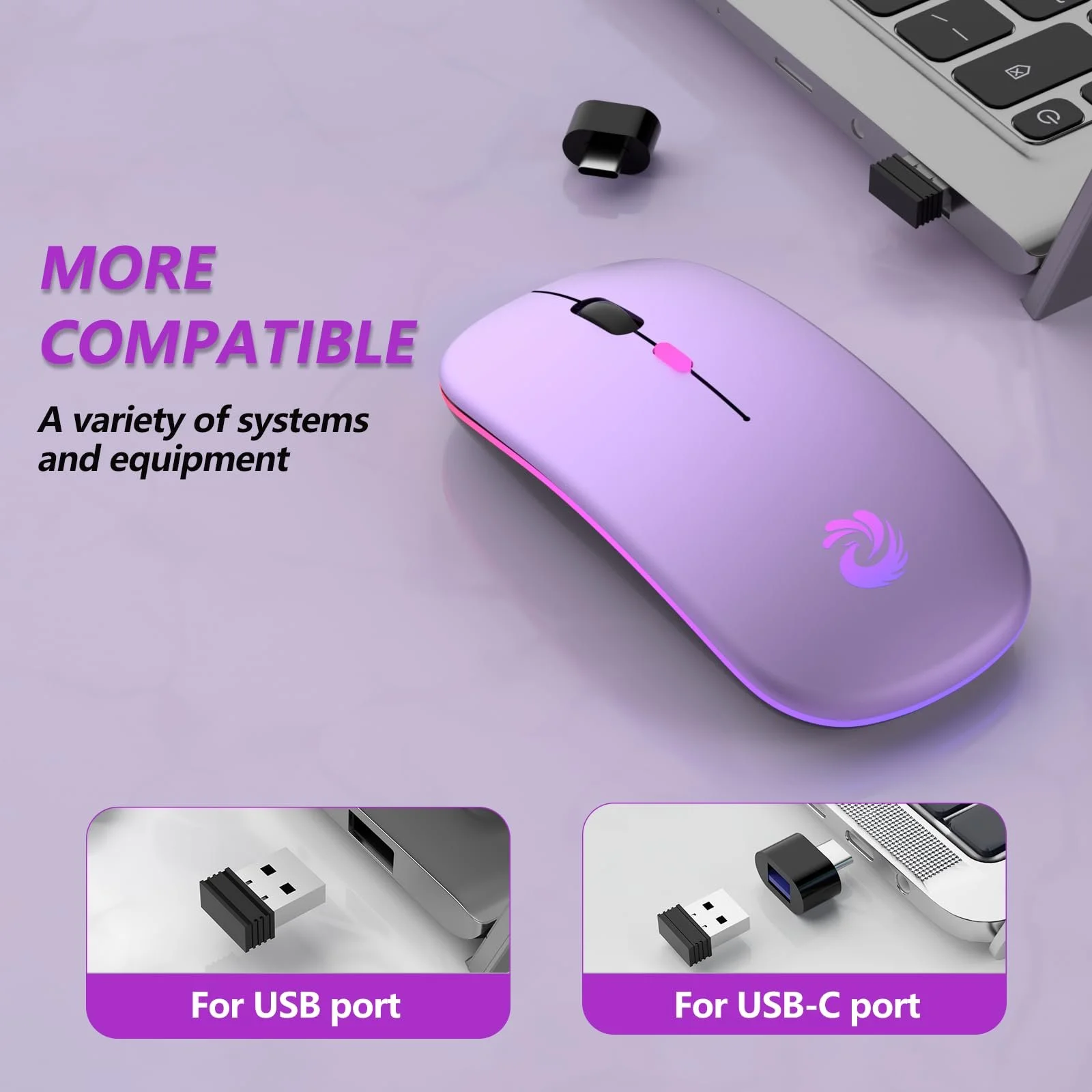 Мышь Беспроводная BQSS 2.4 GHz 1600 DPI Оптическое отслеживание Тихие щелчки Перезаряжаемая LED Светло-фиолетовый, фото №3
