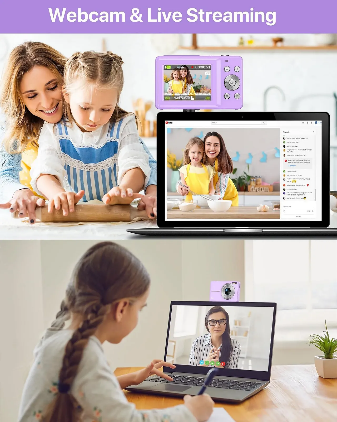 Цифрова камера 1080P 44 MP 2.4 дюйми LCD 16x Zoom 32 GB Фіолетовий, фото №6