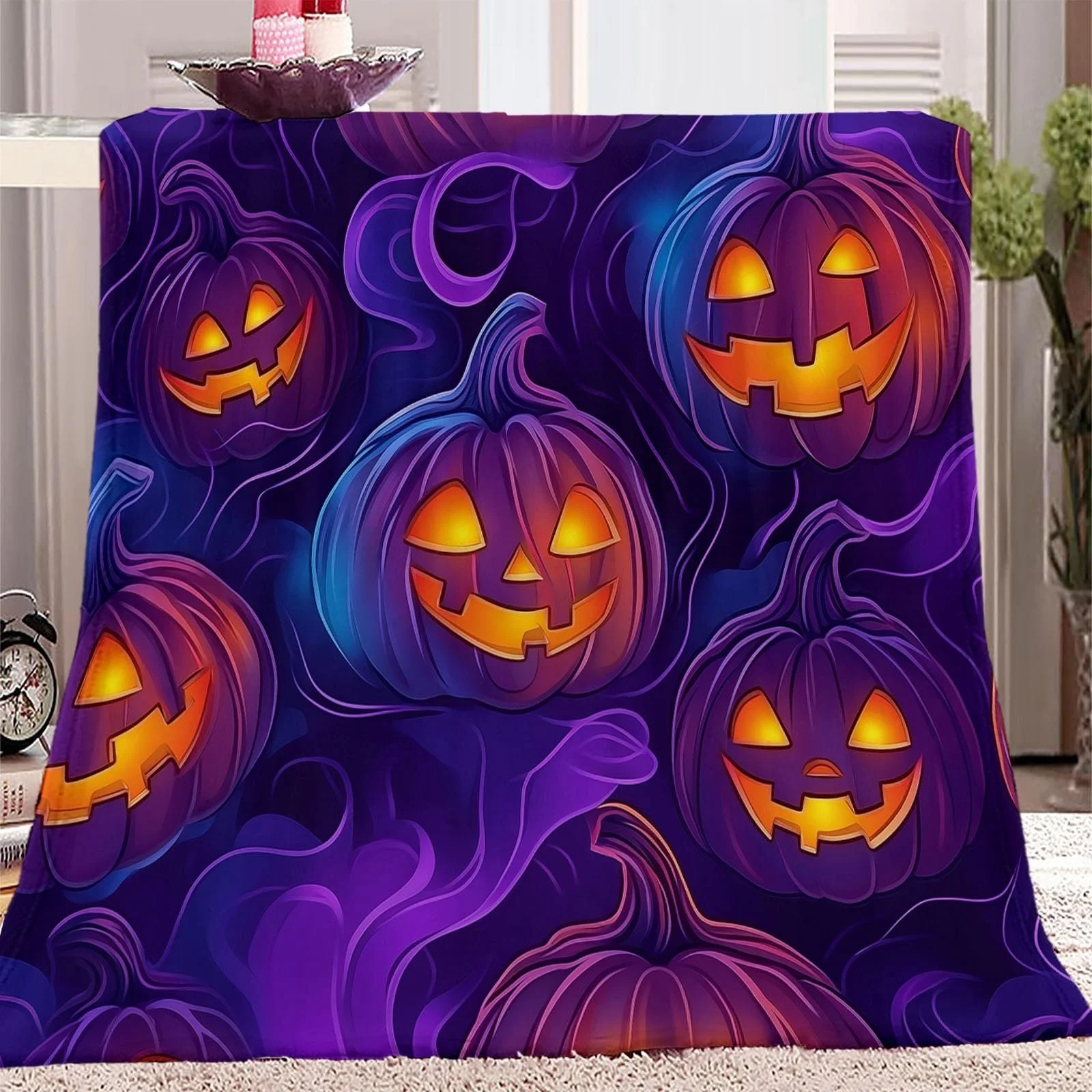 Плюшева м'яка Покривало з ретро-принтом гарбуза з високоякісного фланелевого матеріалу, лілово-помаранчева, 150 x 200 см, фото №1