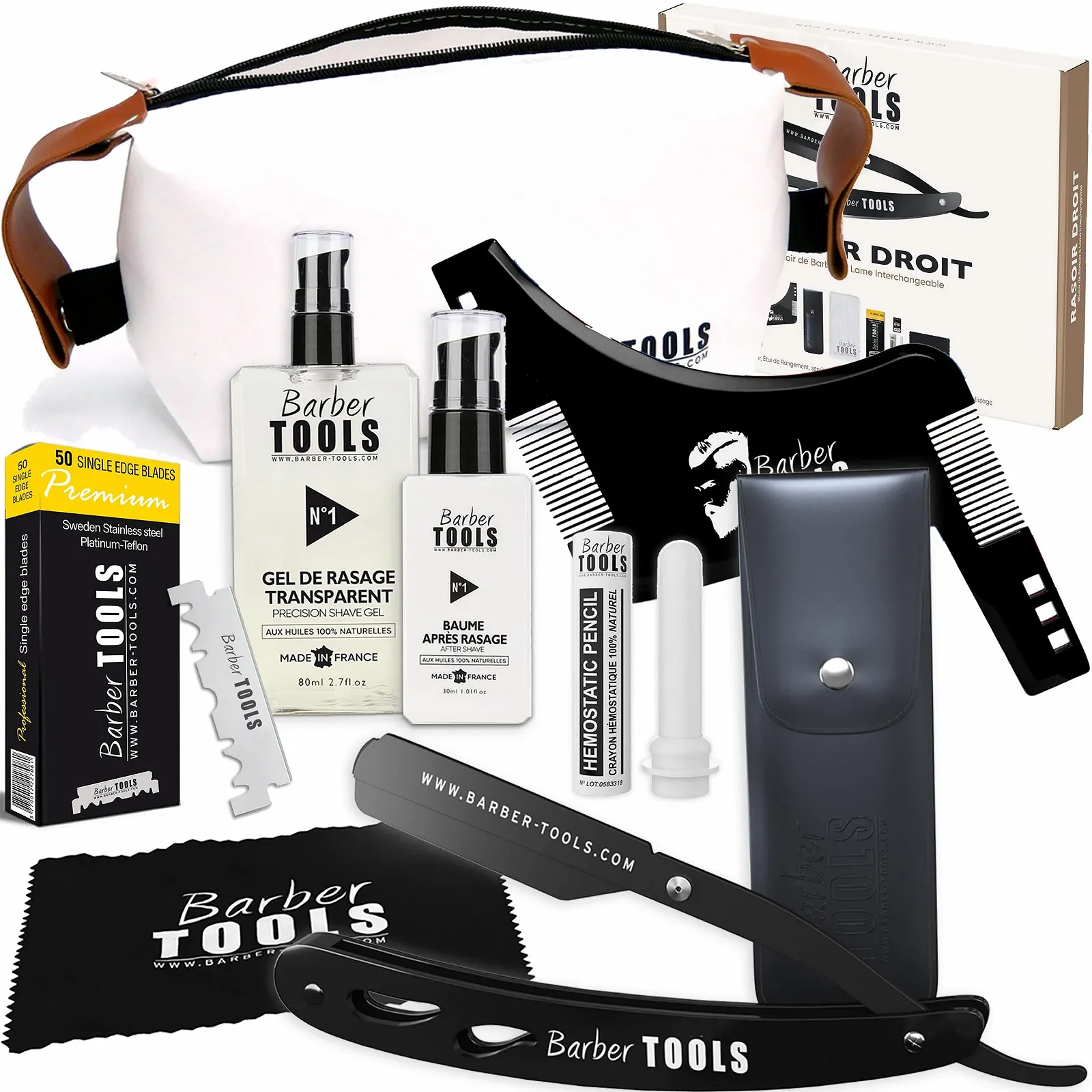 Набор для бритья бороды Barber Tools 50 лезвий, гель 80 мл, бальзам 30 мл, гребень, квасцы и сумка Black, фото №3 Набор для бритья бороды Barber Tools 50 лезвий, гель 80 мл, бальзам 30 мл, гребень, квасцы и сумка Black, фото №3