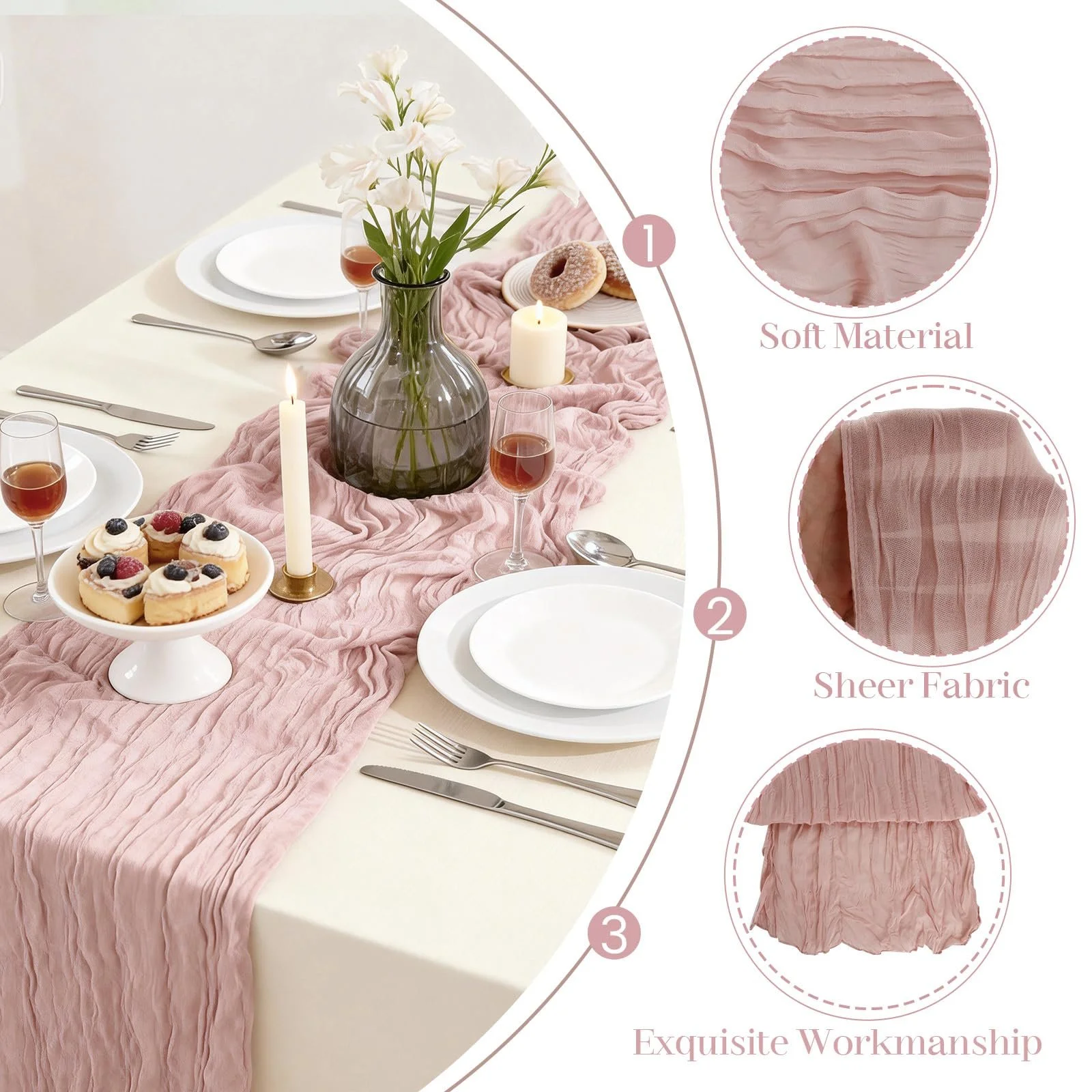 Скатертина-Ранер Vintage Pink 8 шт. 50 x 300 см марлева Gauze Cheese Cloth плісирована Vintage Pink, фото №3