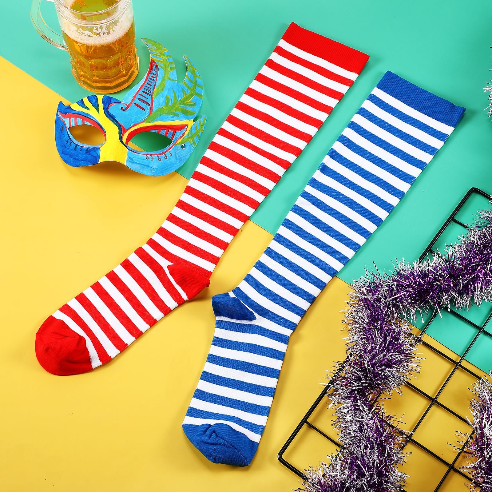 Носки Jadive 2 пары карнавальные выше колена Красный Белый Синий Белый Ретро Полосатые Носки для Женщин и Мужчин, фото №7