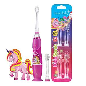 Зубная щетка электрическая Brush-Baby KidzSonic Unicorn с диско-подсветкой, 4 сменные головки и 1 AAA батарея - Фото 1