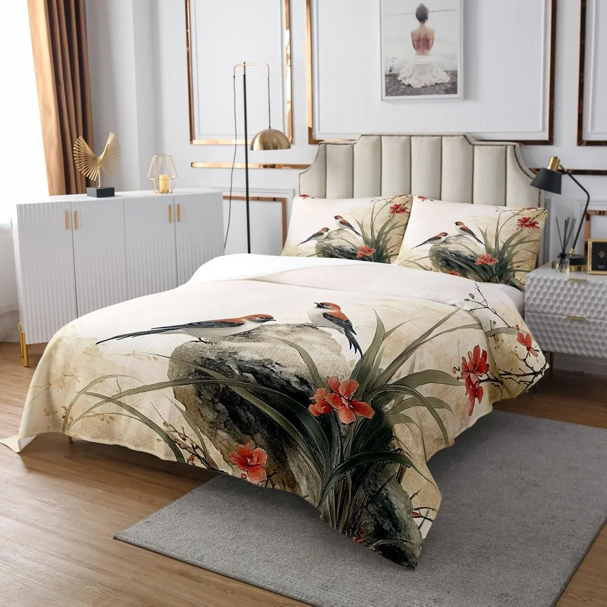 Одеяло в китайском стиле L Размер, Птицы Красные Цветы Зеленые Листья Набор одеяла с 2 наволочками, Китайская Традиционная Живопись Чернилами Микрофибра Покрывало Набор для Детей Взрослых, Дышащая, фото №3 Одеяло в китайском стиле L Размер, Птицы Красные Цветы Зеленые Листья Набор одеяла с 2 наволочками, Китайская Традиционная Живопись Чернилами Микрофибра Покрывало Набор для Детей Взрослых, Дышащая, фото №3