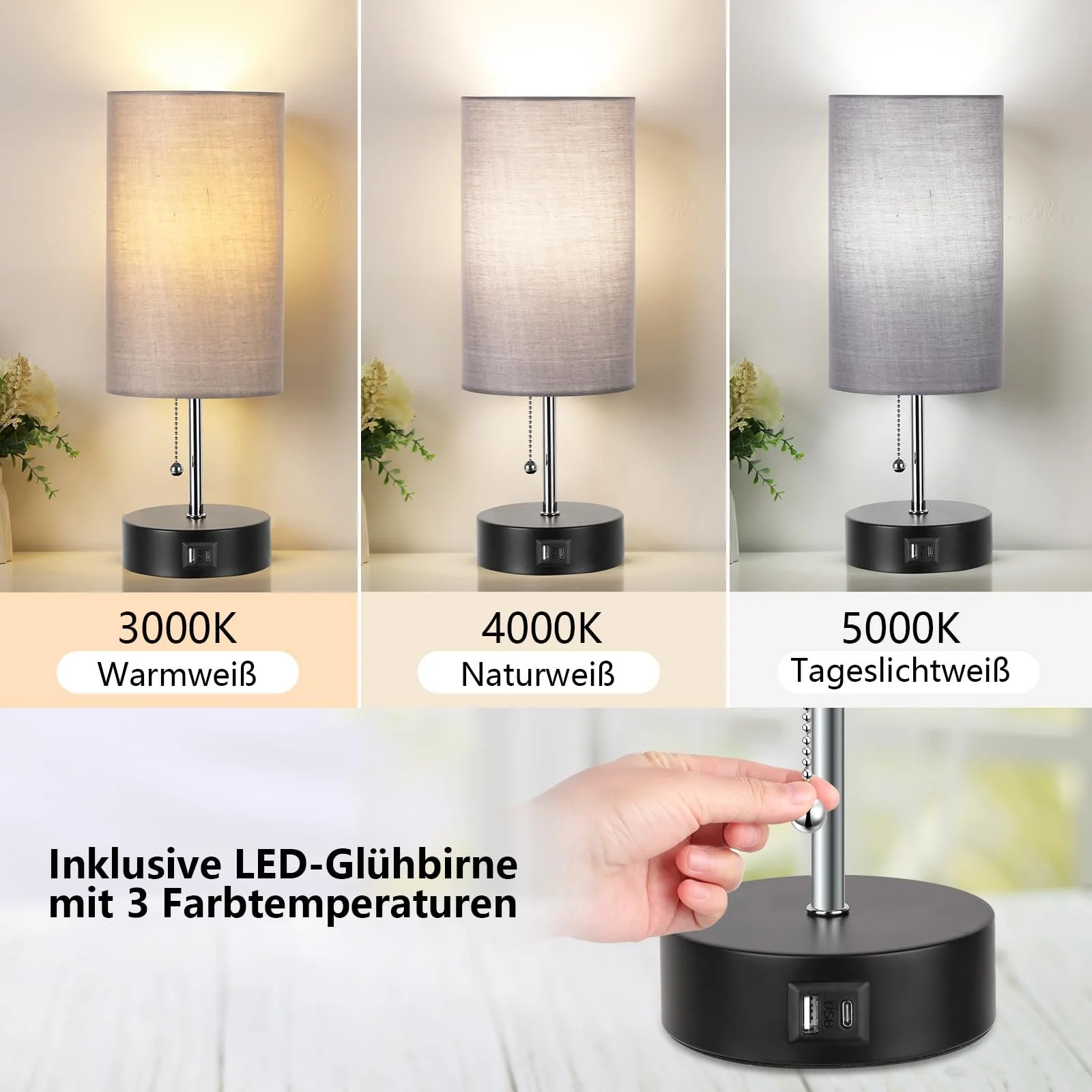 Приліжкова лампа ROTTOGOON 3 колірні температури порти USB A та C LED лампа в комплекті сіра, фото №2