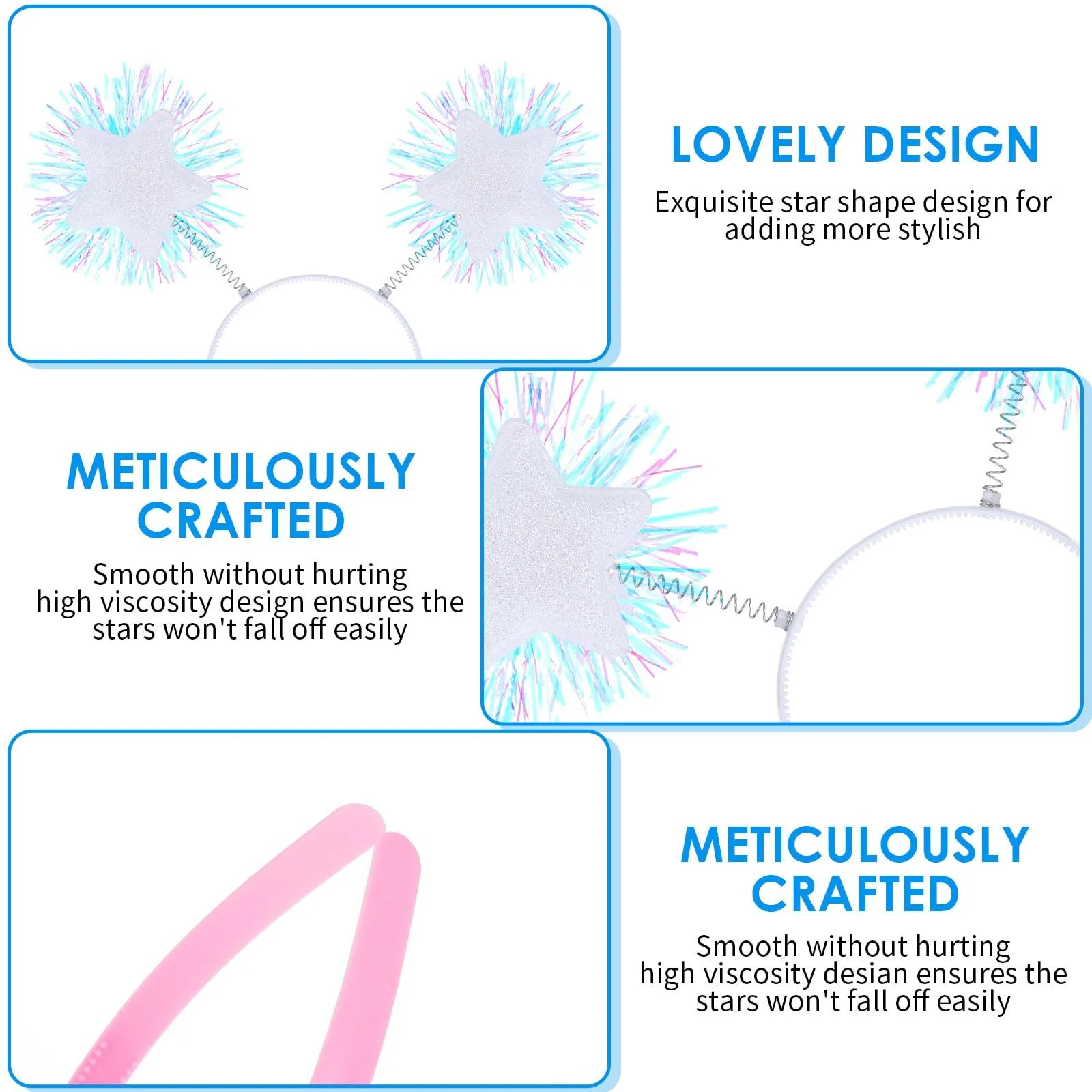 Обруч для волосся з фольгованими смужками, помпоном і блискучими зірками, білий, фото №3