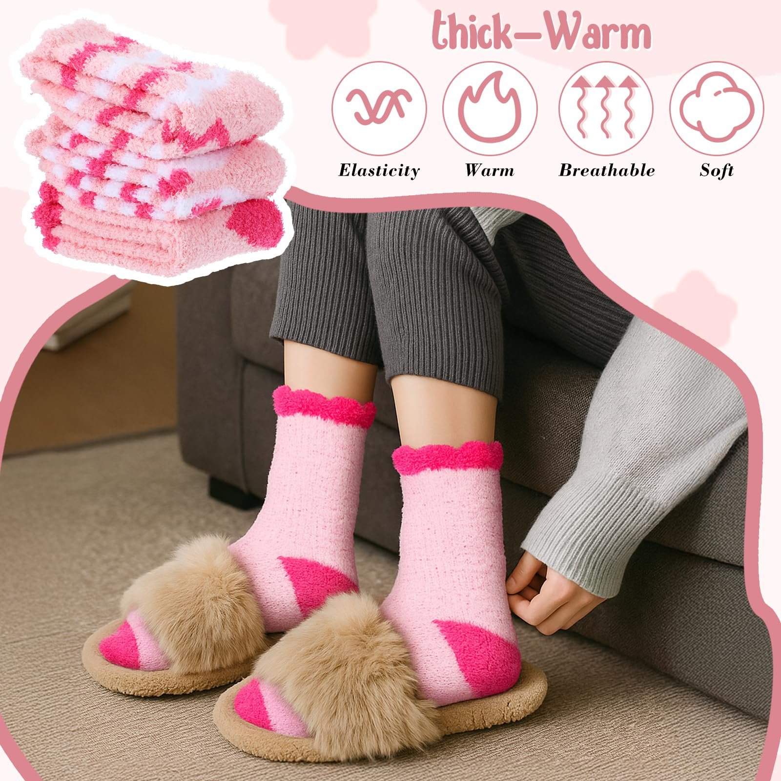 Носки Женские Пушистые 3 Пары Полосатые Розовые (Сердце), фото №4
