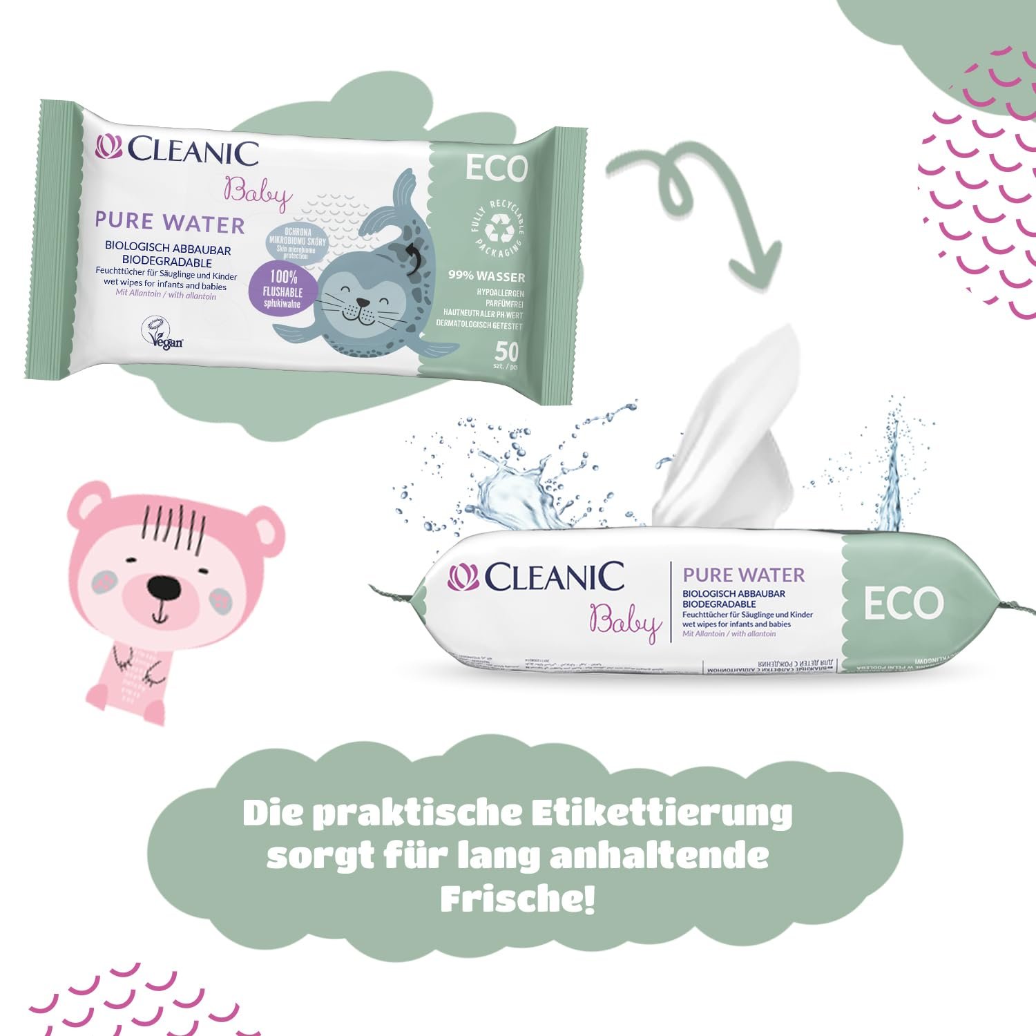 Салфетки влажные Cleanic Baby Eco Pure Water для детей, 99% вода, с аллантоином, без запаха, 50 штук, фото №9