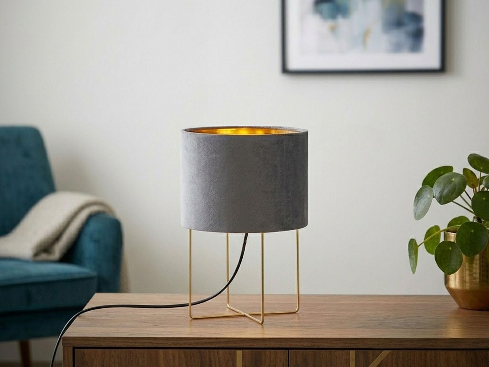 Настільна лампа Велюровий абажур Сіра Золотиста 24 см., фото №6
