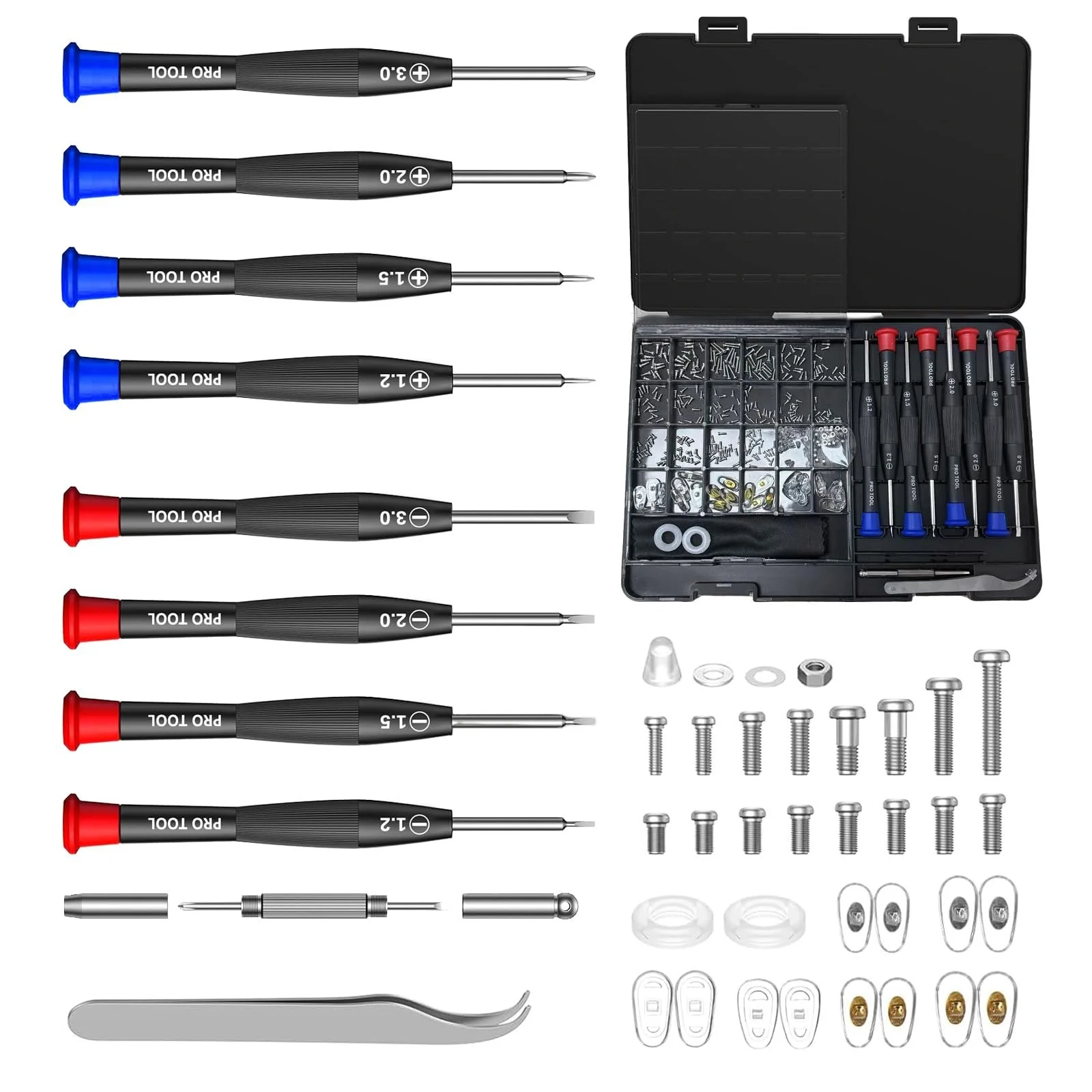 Набір для ремонту окулярів з гвинтами, носоупорами, пінцетом та прецизійними викрутками, фото №1