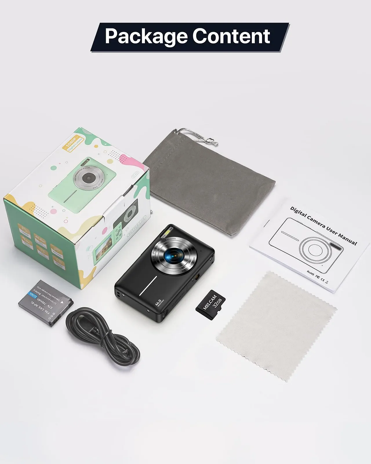 Цифровий компактний фотоапарат 1080P 44MP 2.4" LCD 16x Zoom 32GB Чорний, фото №8