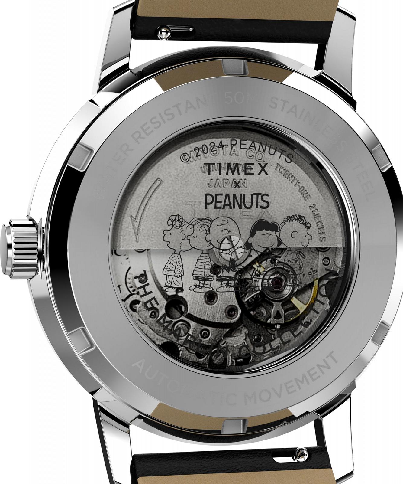 Автоматичний Годинник Timex Peanuts 40мм Чорний Шкіряний Ремінець Срібний Циферблат Корпус з нержавіючої сталі TW2W54000, фото №4