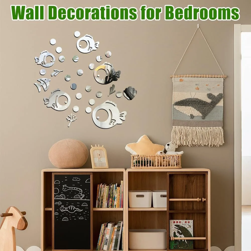 Акрилові дзеркальні наклейки на стіну Cute Fish and Bubbles 30 штук Silver, фото №5