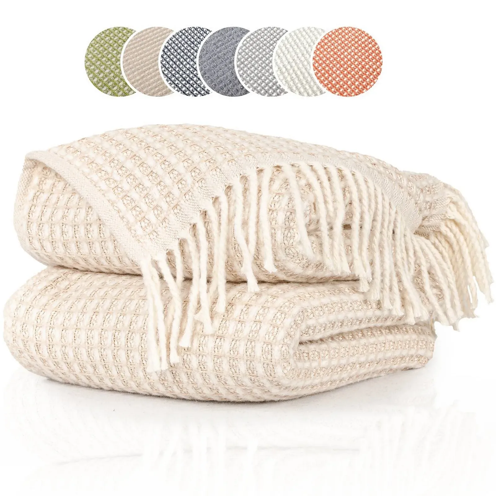 Покрывало ANRO Beatriz Плед, Накидка на диван, Покрывало на диван, Плед для гостиной, Покрывало на кровать с бахромой, 150 x 200 см, Бежевый, фото №1