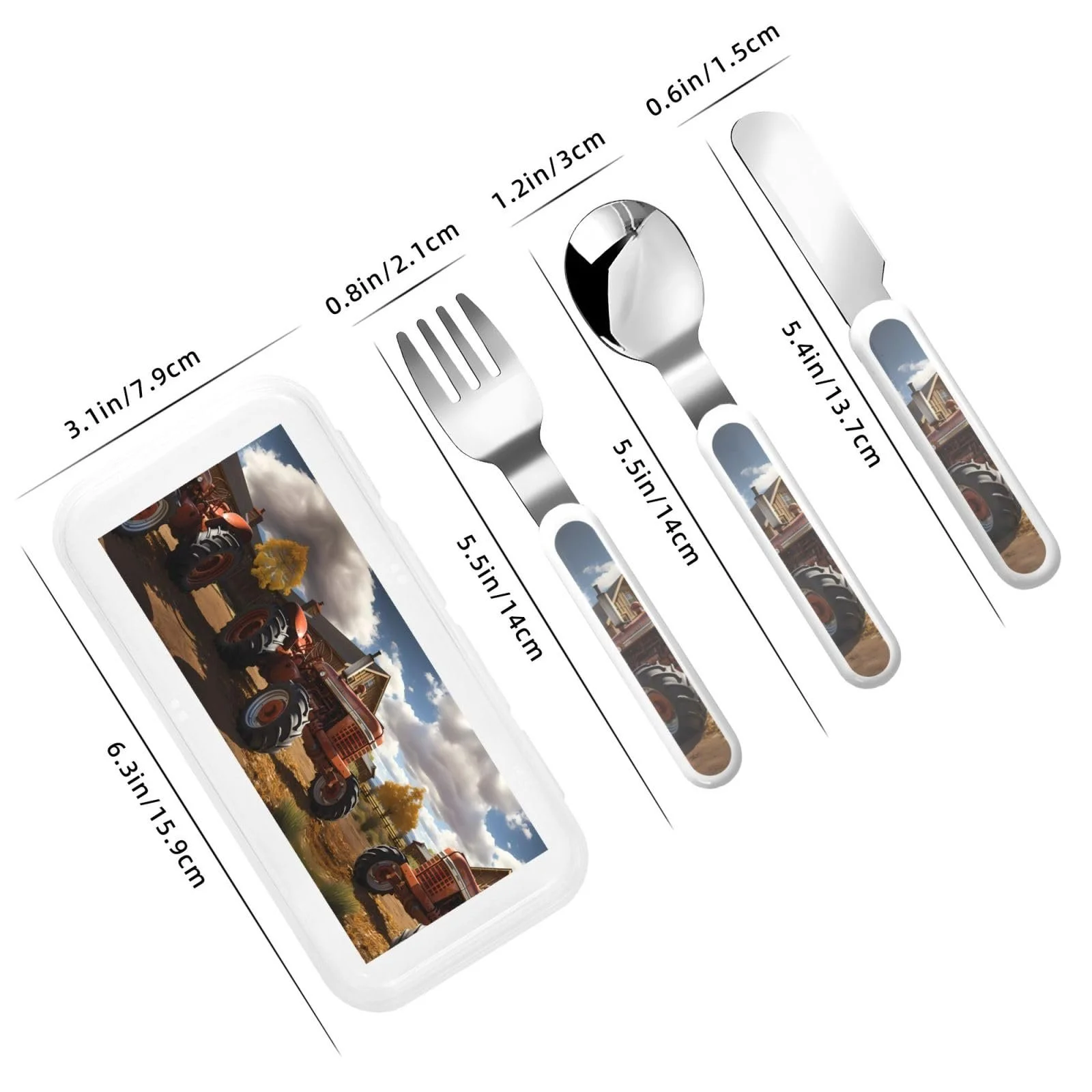 Набір дитячих столових приборів з малюнком червоного трактора, три предмети, фото №3 Набір дитячих столових приборів з малюнком червоного трактора, три предмети, фото №3