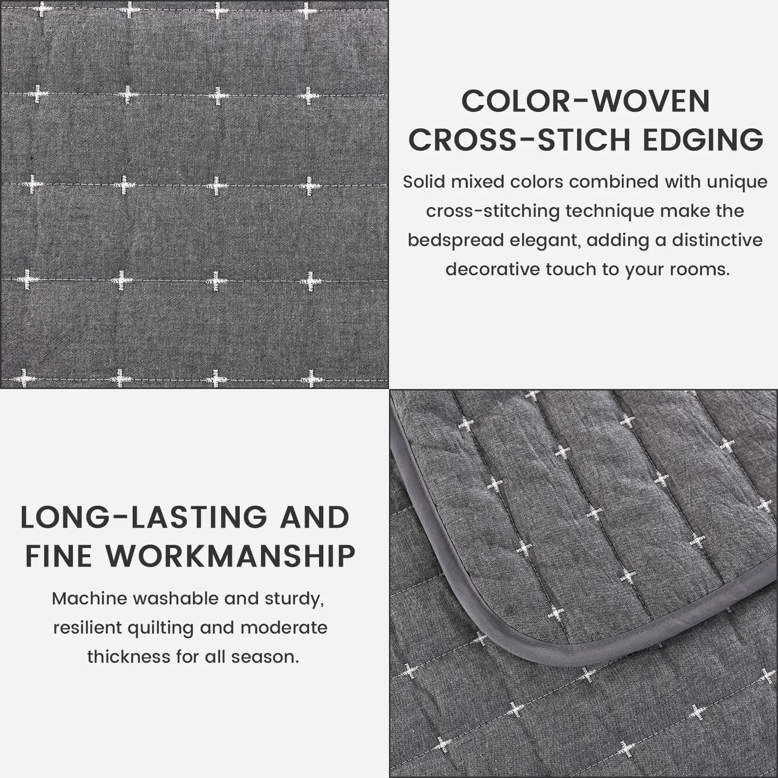 Покрывало Qucover 240 x 260 см, темно-серое, 100% хлопок, ультрамягкое, вышитое, стеганое, с 2 наволочками, плед для дивана, фото №4