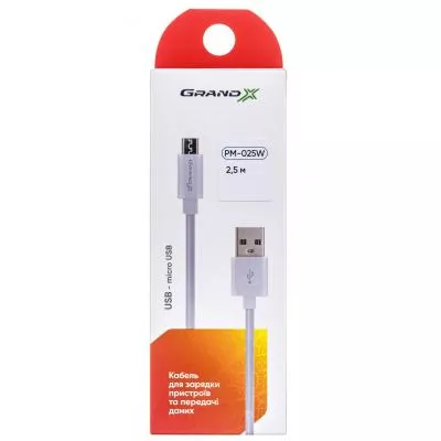 Дата кабель USB 2.0 AM to Micro 5P 2.5m white Grand-X PM025W, фото №3