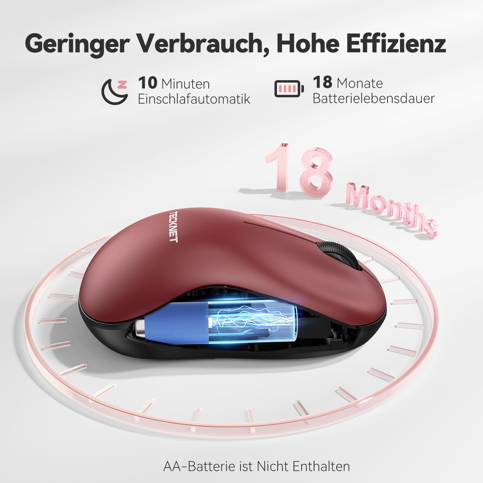 Мышь беспроводная TECKNET 3200 DPI оптическая для левшей и правшей 2,4 GHz с USB Nano приемником Красная, фото №5