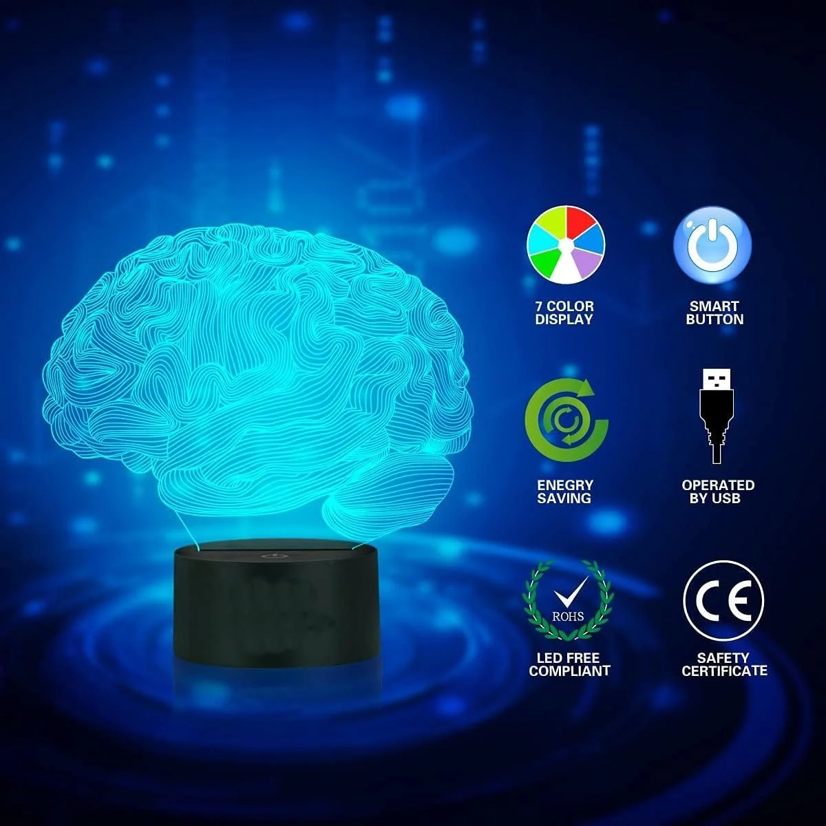 Настільна лампа 3D Brain LED Illusion, 7 кольорів, нічник для спальні та дому, фото №4