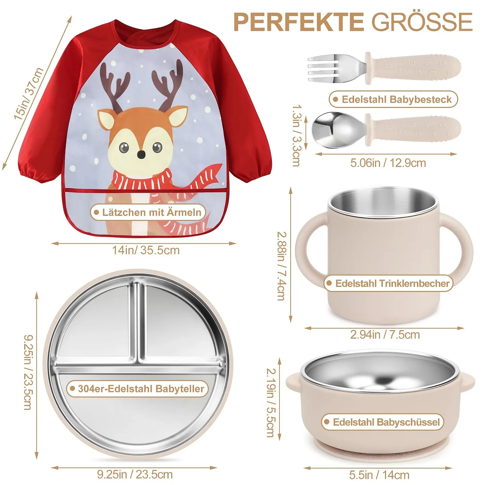 Набір дитячого посуду MOJINL з нержавіючої сталі з присоскою, 6 предметів: дитяча тарілка, чашка, дитячий слинявчик з рукавами, ложка, виделка, миска, без BPA, фото №2