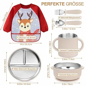 Набір дитячого посуду MOJINL з нержавіючої сталі з присоскою, 6 предметів: дитяча тарілка, чашка, дитячий слинявчик з рукавами, ложка, виделка, миска, без BPA synthetic.ua - Фото 1