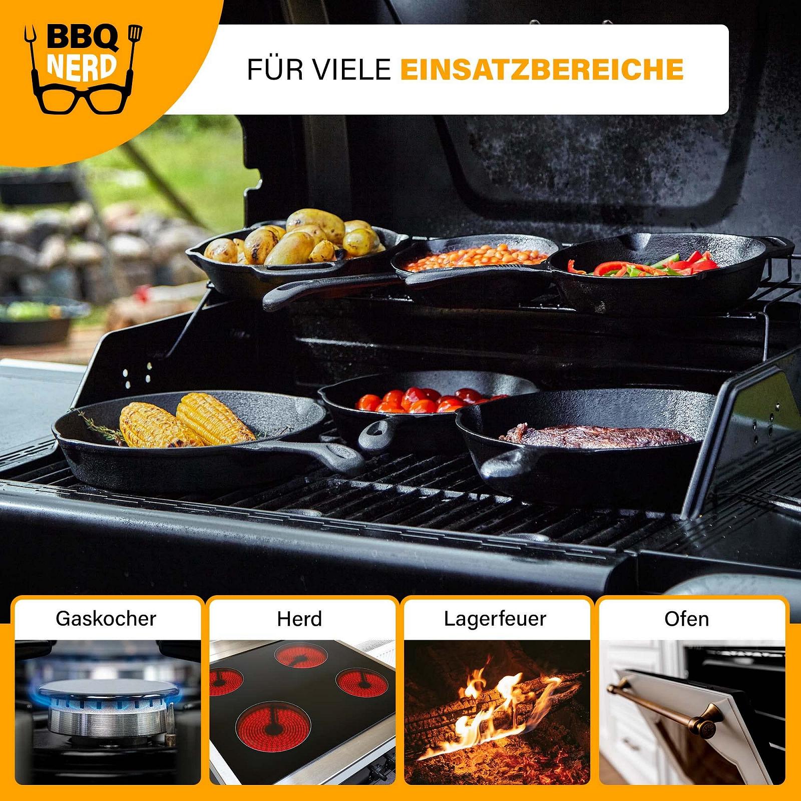 Пательня-гриль BBQ Nerd, діаметр 30 см, 3600 г, з носиком та ручкою - чавунна пательня для грилю, смаження, запікання - пательня для вогню - термостійка та теплоутримуюча, фото №5