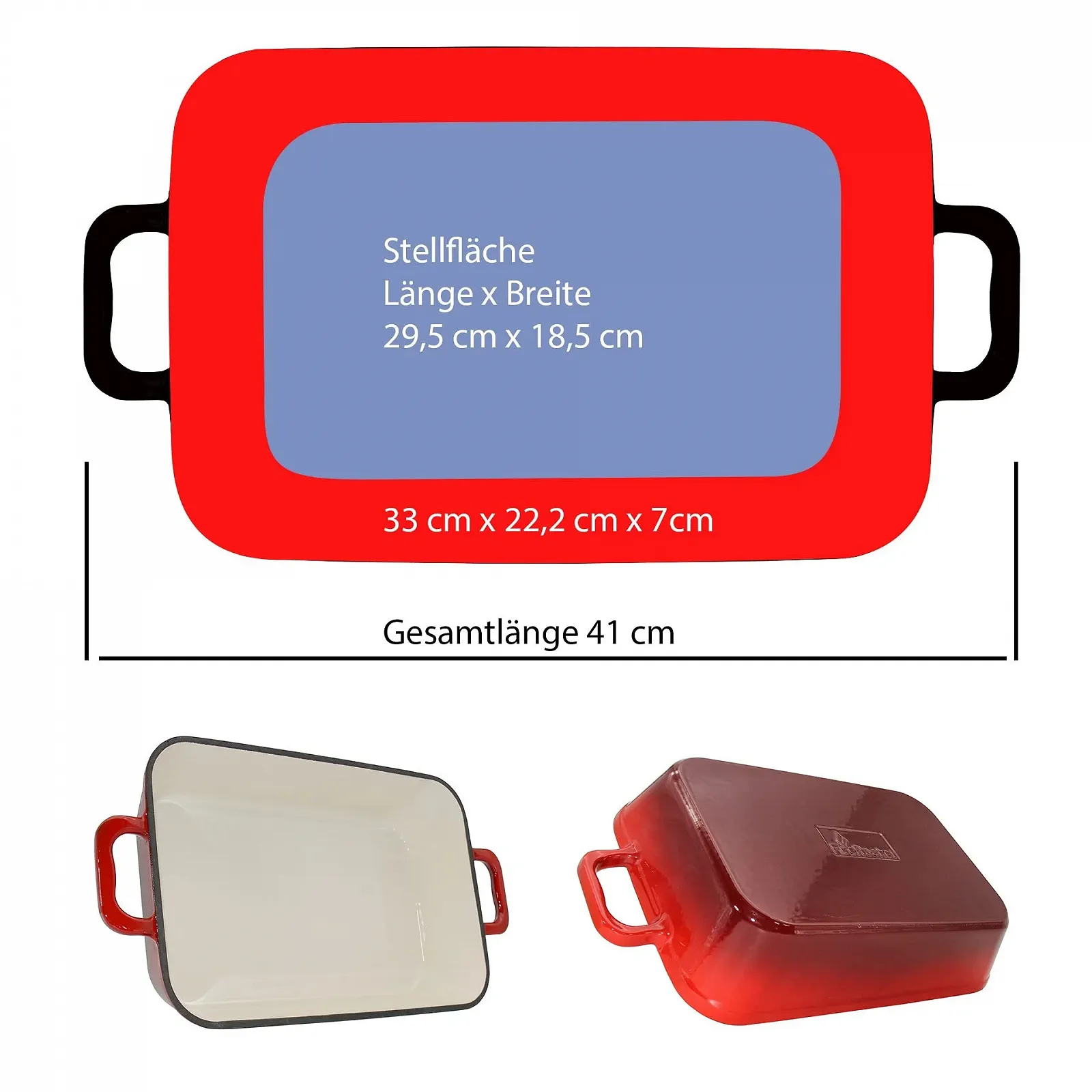 Чугунная форма для запекания 33,4 x 22,2 см Прямоугольная Эмалированная 5 л Индукционная Белая/Красная, фото №3