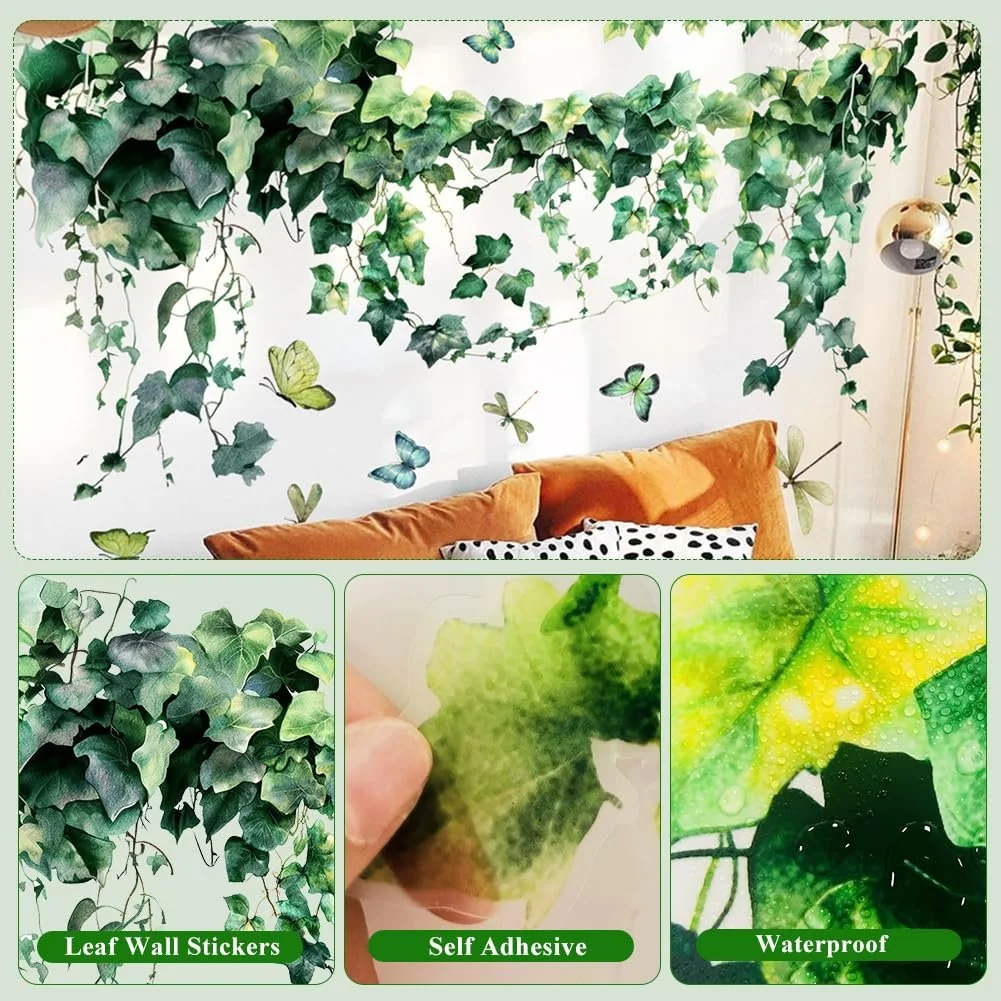 Наклейка на стіну Реалістичне листя плюща з метеликами та бабками Зелена ПВХ, фото №6