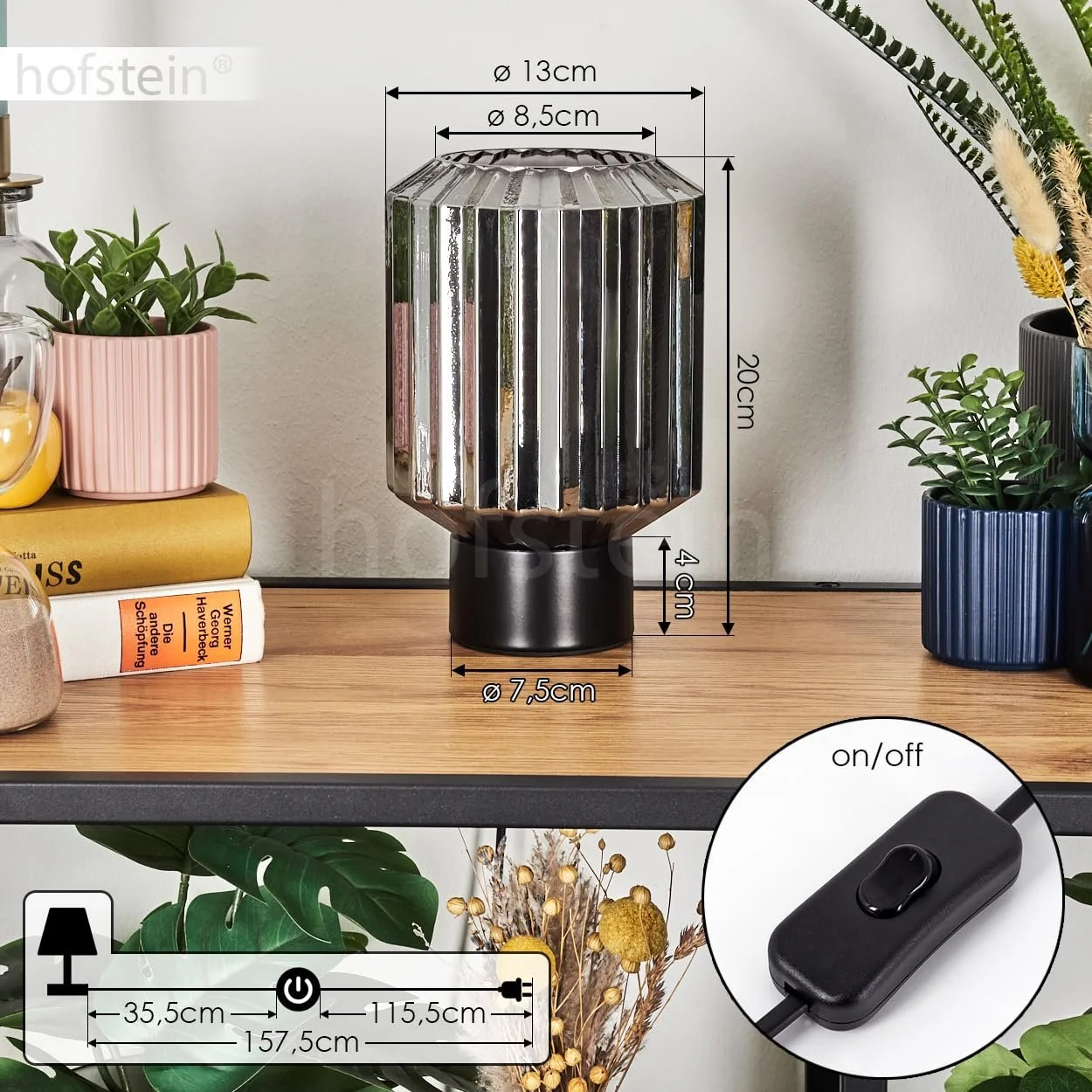 Настільна лампа Moruja Метал / Скло Дизайн зі скляним плафоном (діаметр 13 см) та вимикачем на кабелі 1 x E27 Чорний / Хром / Димчастий, фото №5