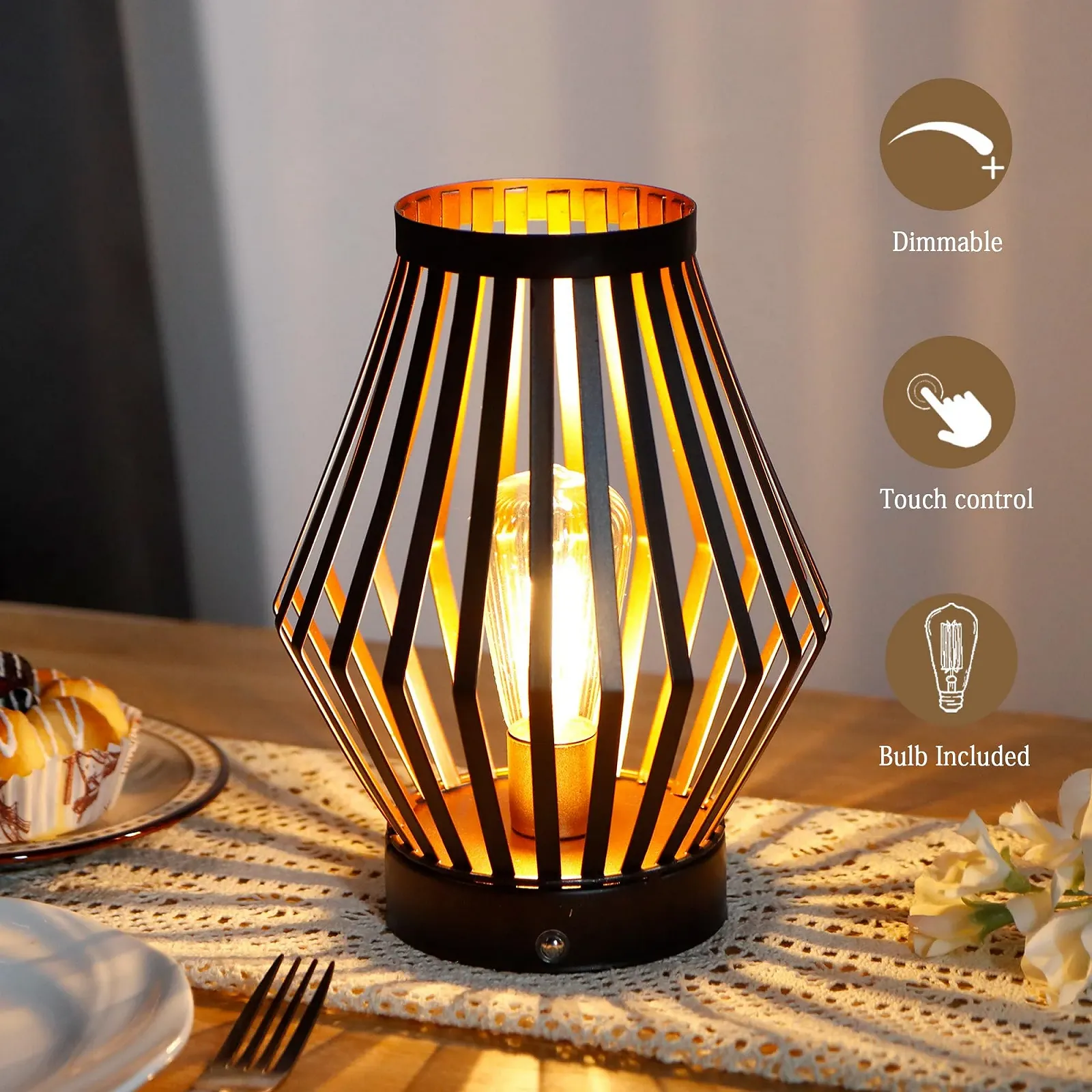 Настільна лампа JHY DESIGN приліжкова з регулюванням яскравості, висота 20 см, акумуляторна, металева клітка з LED лампою в стилі Едісона, бездротова, бронза, фото №4