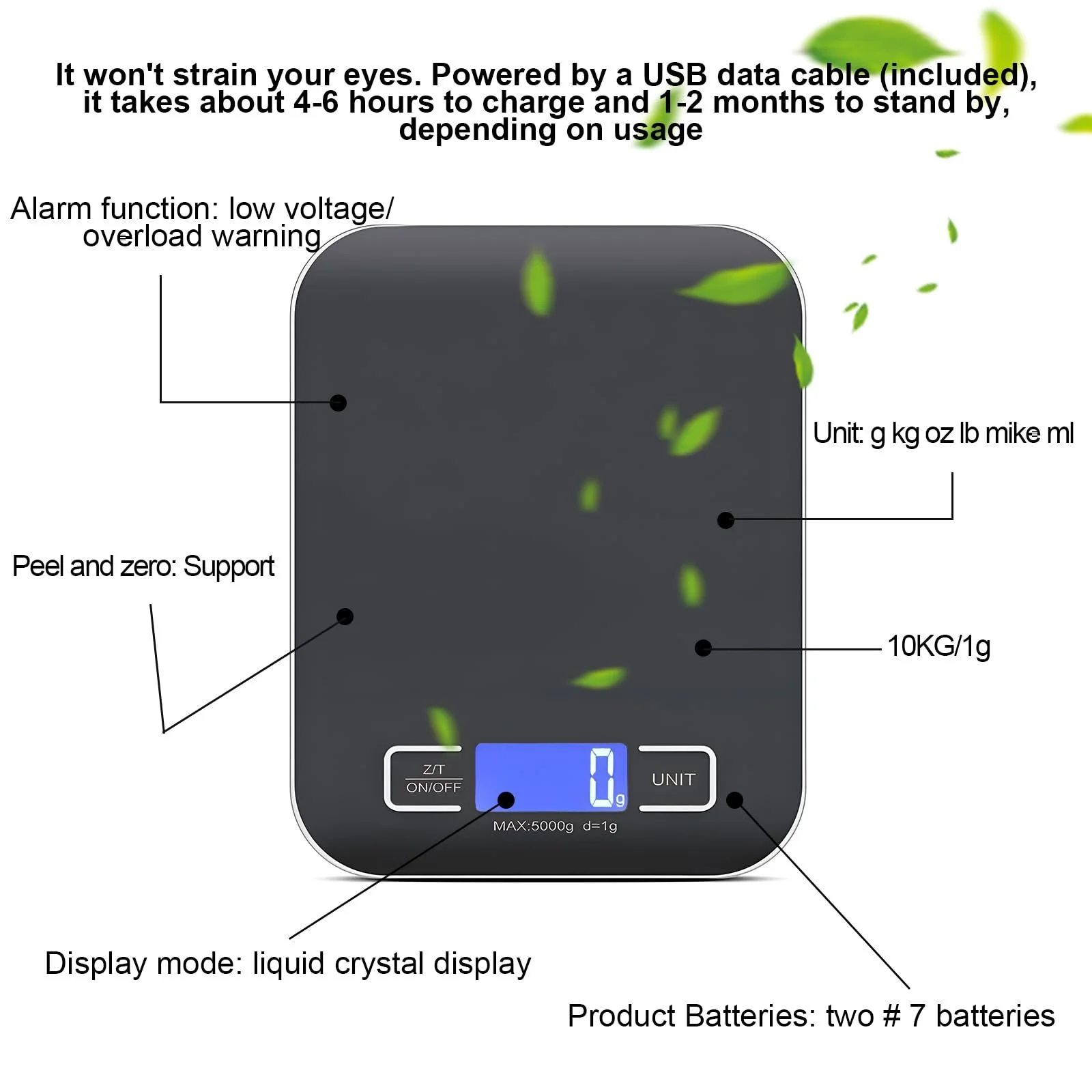 Кухонні ваги цифрові 10 кг/1 г USB LED чорні, фото №4 Кухонні ваги цифрові 10 кг/1 г USB LED чорні, фото №4