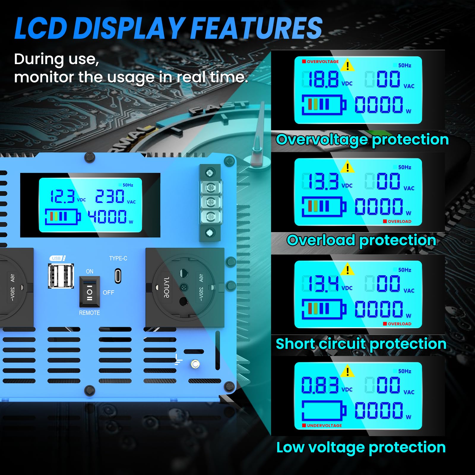 Інвертор 4000 W 12 V 230 V перетворювач напруги чистої синусоїди з 2 EU розетками, USB Виходом, Type-C, пультом дистанційного керування та LCD дисплеєм пікова потужність 8000 W для вантажівки кемпінгу аварійний кемпер фургон, фото №4