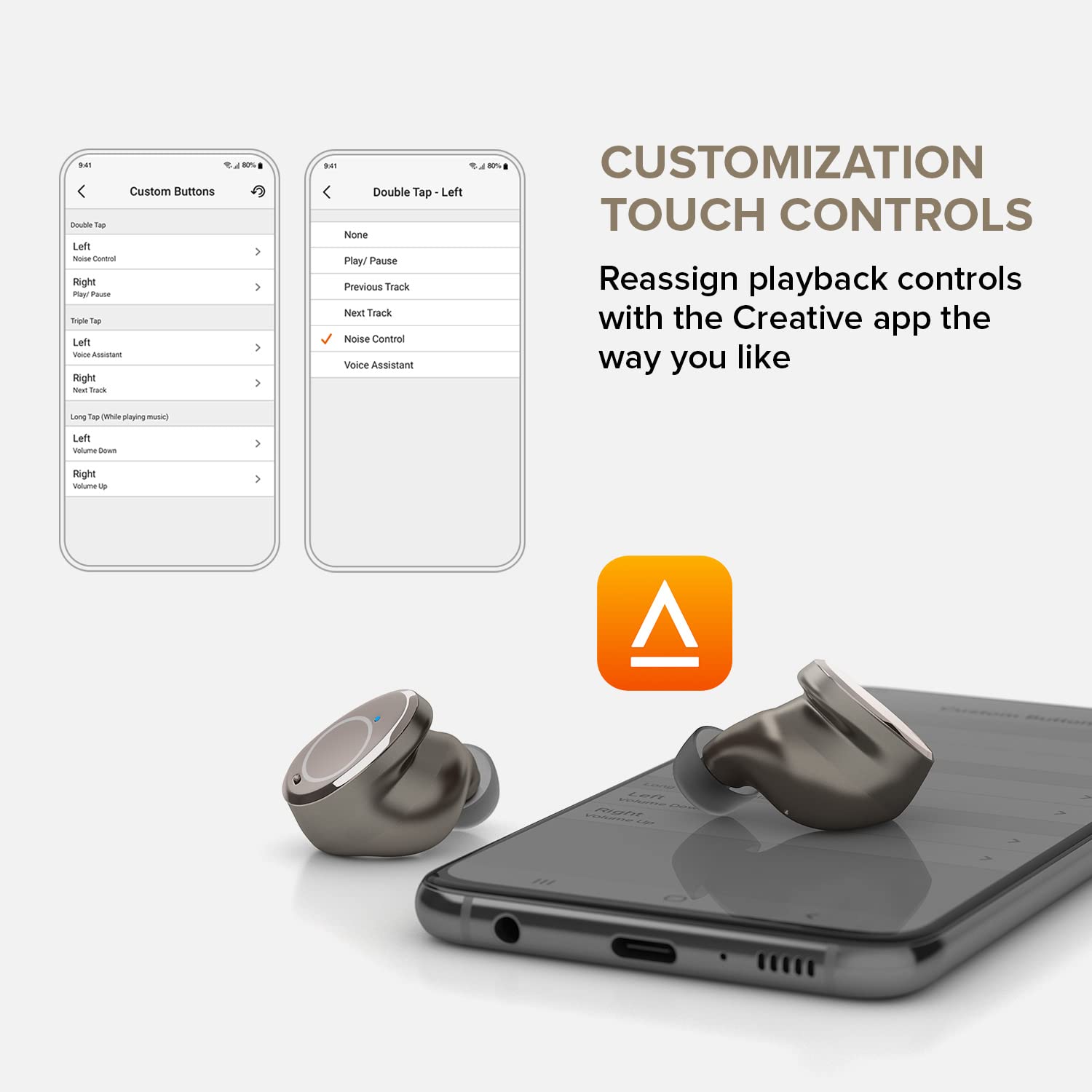 Наушники CREATIVE Outlier Pro True Wireless IPX5 Вставные Защита от пота ANC Hybrid Ambient Mode Беспроводная зарядка Bluetooth 5.2 60 часов батареи, фото №5