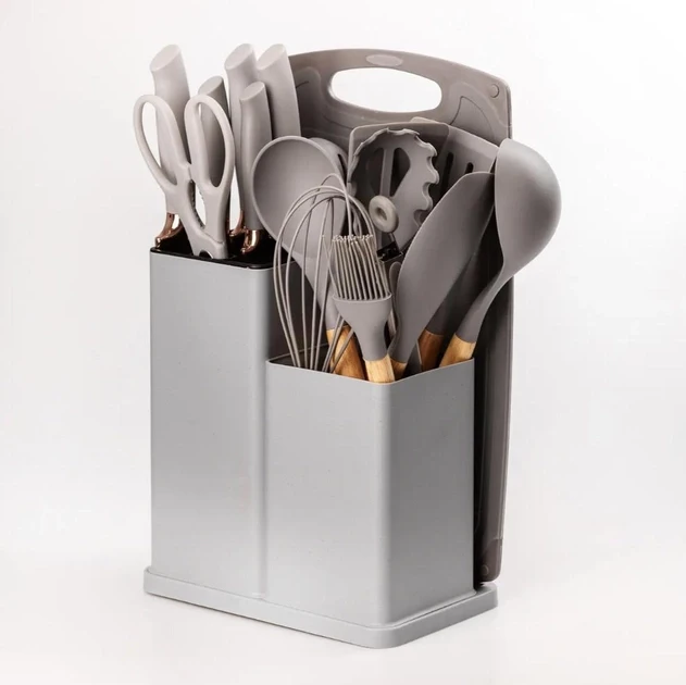 Набор кухонных принадлежностей на подставке TS Kitchen 19 штук из силикона с бамбуковой ручкой Серый, фото №3