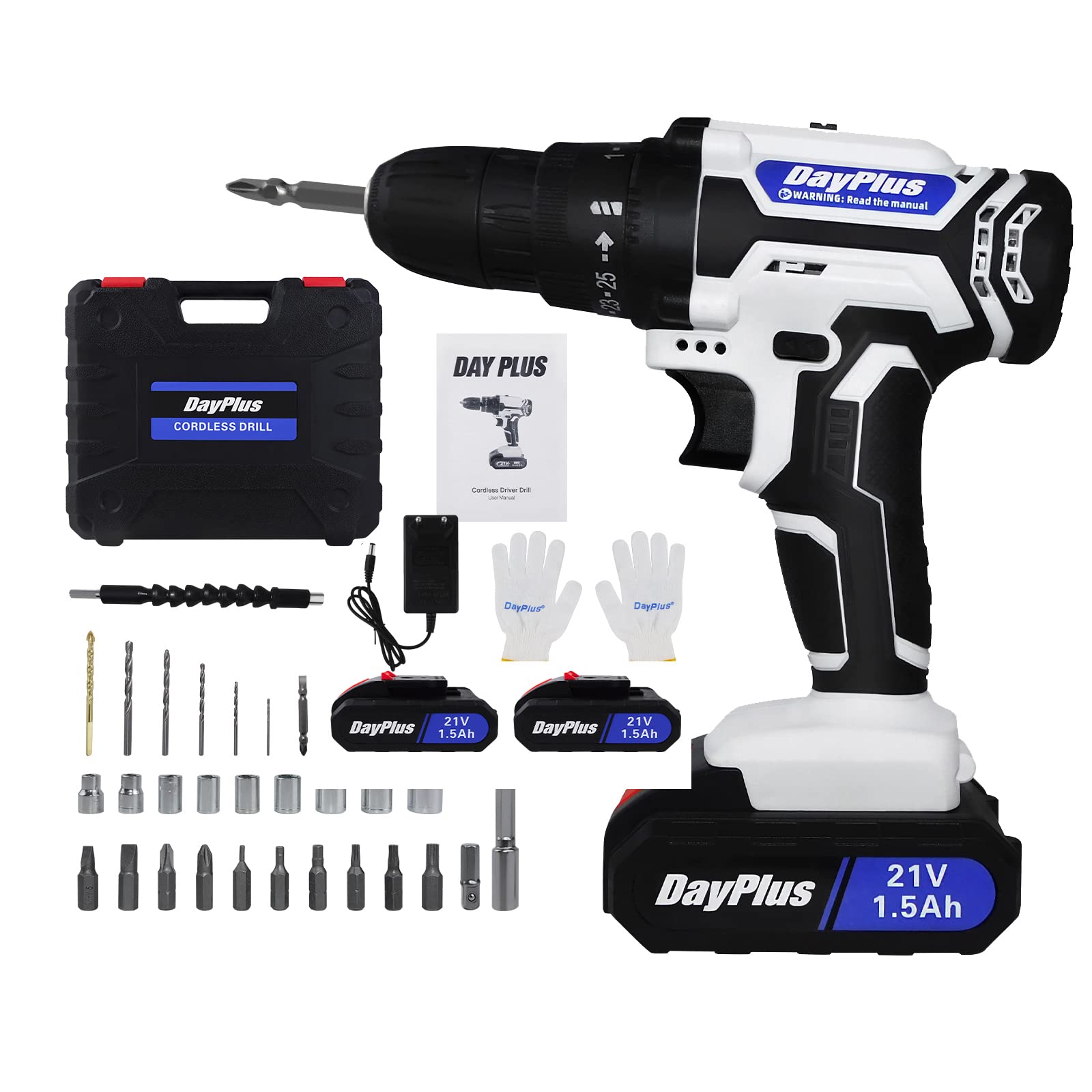 Дриль-шуруповерт Hammer Drill Bit 21V З батареєю, швидким зарядним пристроєм, 2 x 1500 мА·год літій-іонна батарея, 3/8 дюйма патрон, 25+1 крутного моменту, світлодіодне підсвічування, 2-швидкісний, фото №1