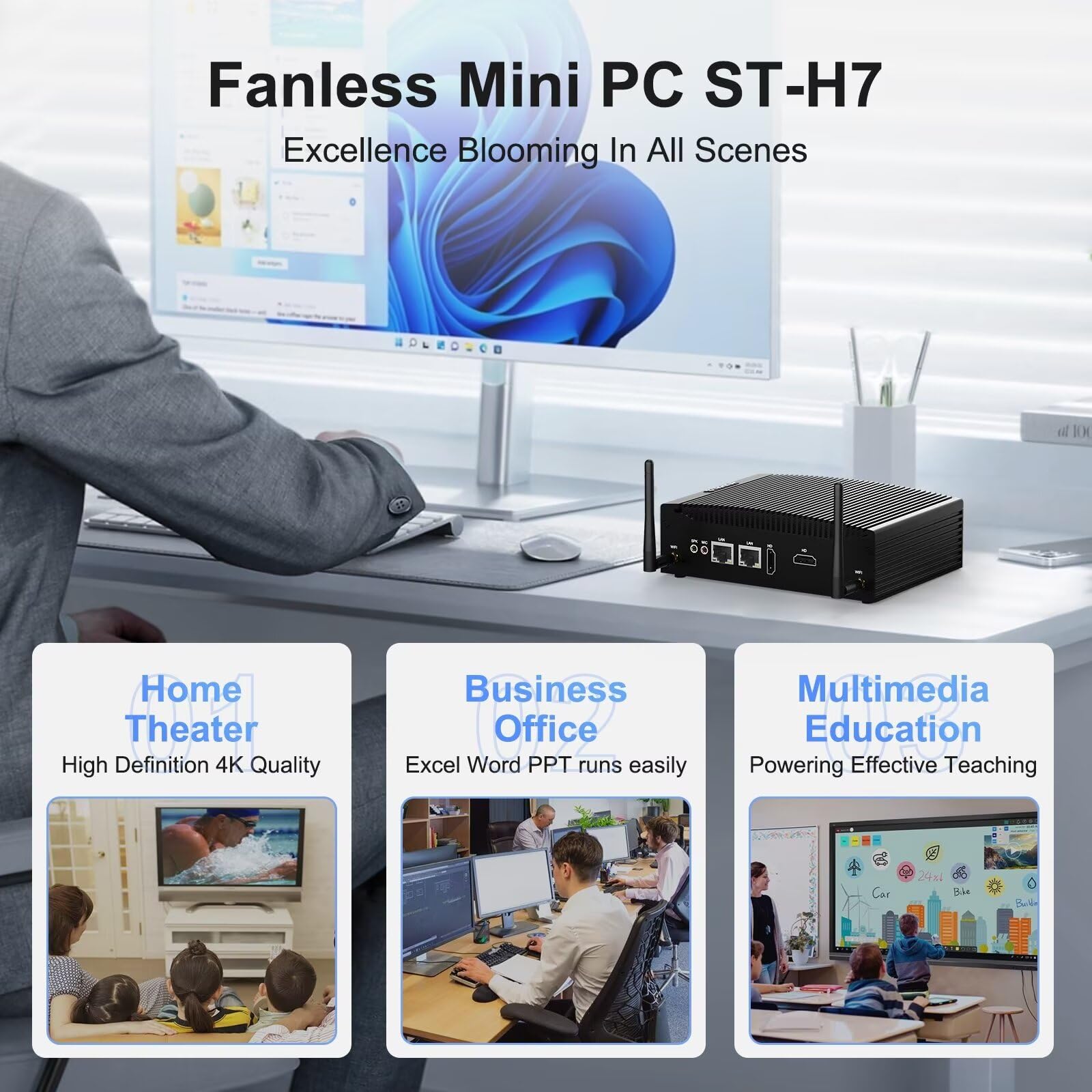 Міні ПК STRHIGP Silent Fanless i3-1215U Win 11 Pro 16GB DDR5 512GB NVMe SSD 8USB 4K Dual Display Gigabit Ethernet VESA, фото №6