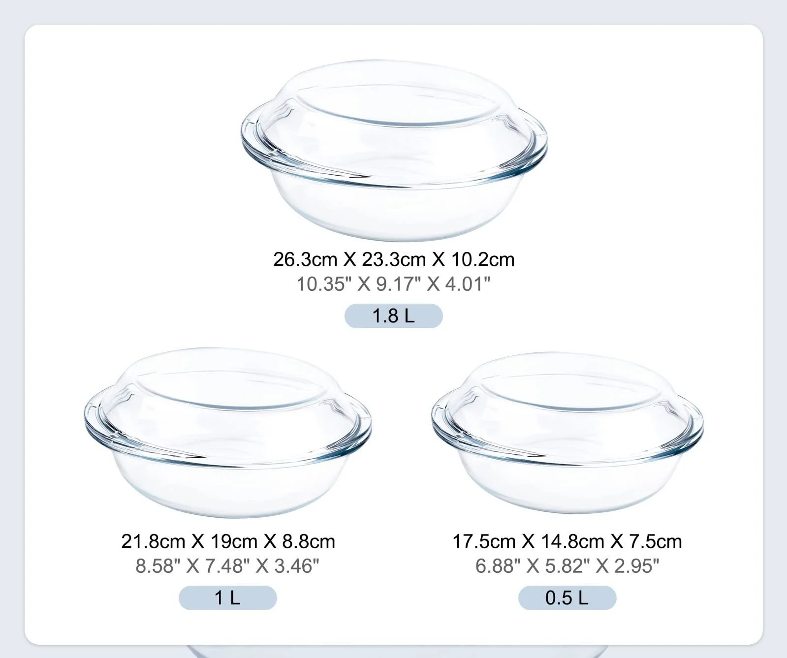 Набор стеклянных форм для запекания Husanmp круглые с крышками 0.5 л 1 л 1.8 л, фото №4