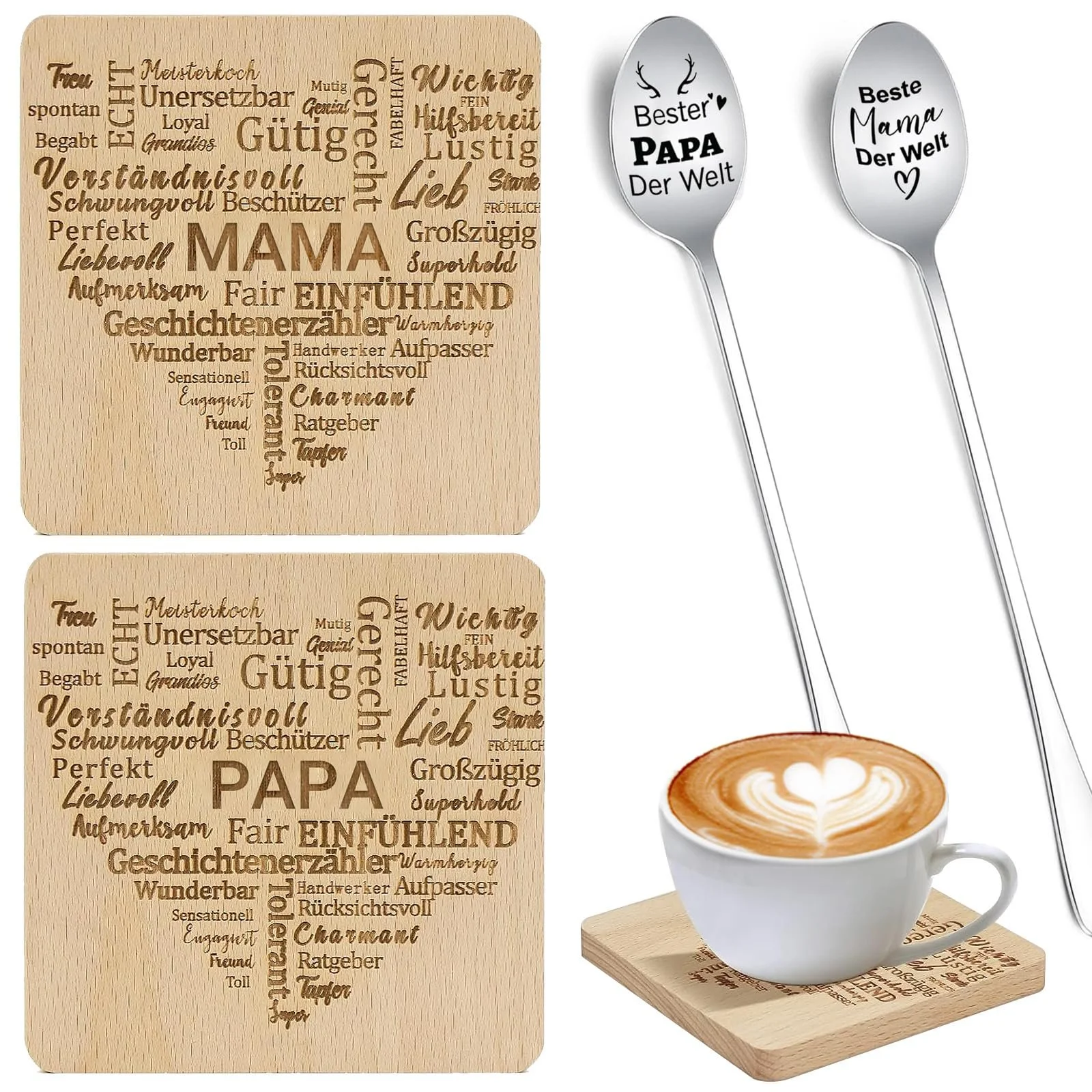 Ложка для кави, набір з 2 дерев'яних підставок, найкращим мамі і татові у світі, фото №1