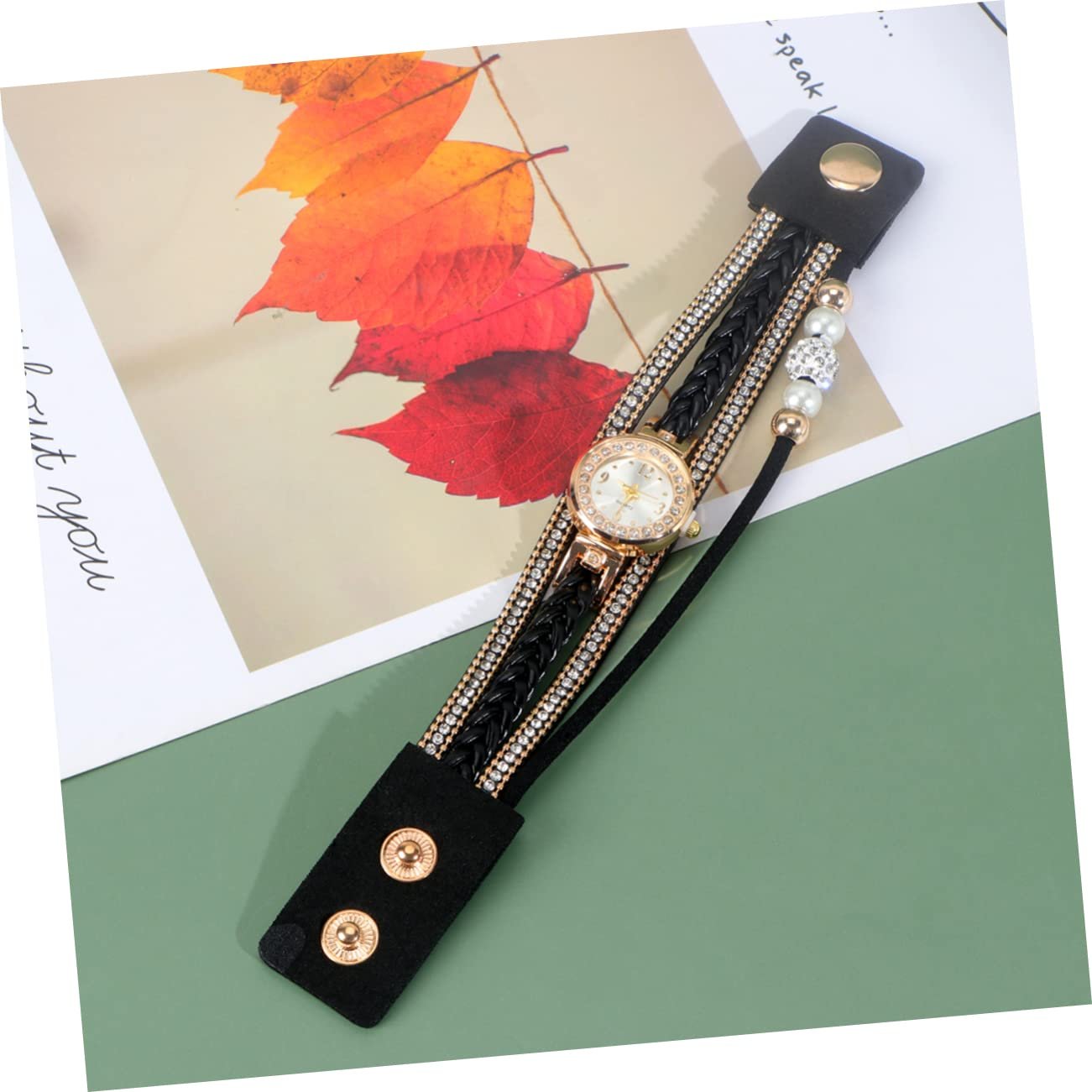 Женские наручные часы OATIPHO с плетеным браслетом, стразами, черные, фото №5