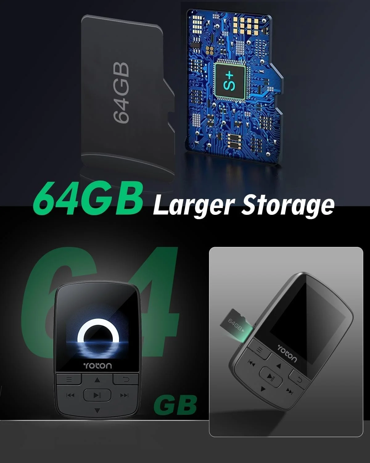 MP3 плеер YOTON 64GB с Bluetooth 5.2, FM-радио, запись голоса, независимая регулировка громкости, наушники, фото №3