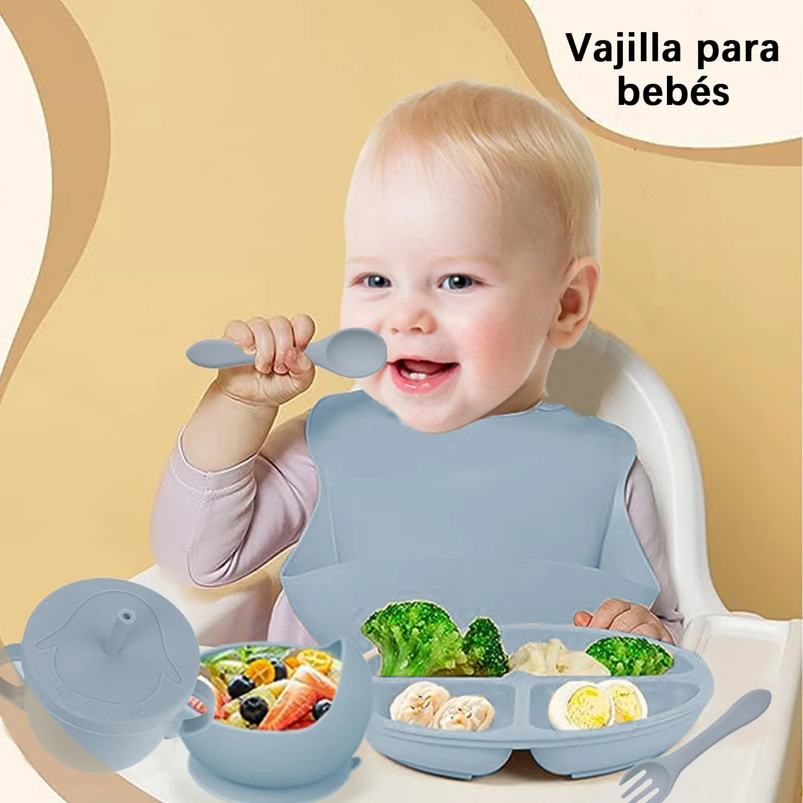 Набір дитячого посуду TTSTOIEE 8 предметів (тарілка з присоскою, ложка, виделка, миска, слинявчик, поїльник) Синій, фото №3